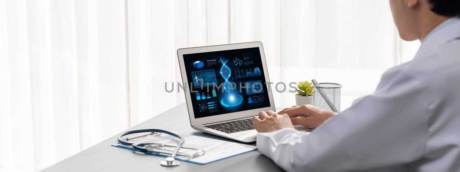 Doctor studying genetic disease in DNA research with laptop, analyze genetic data, formulate medical treatment strategies, and develop healthcare plan for patient with innovative solution. Neoteric