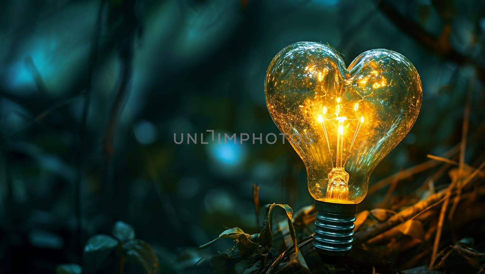 A light bulb in the shape of a heart. Heart shape with bright light inside. Light bulb. 3D render. Space for text, copy space. by Sneznyj