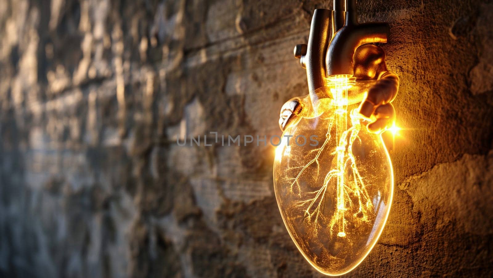 A light bulb in the shape of a heart. Heart shape with bright light inside. Light bulb. 3D render. Space for text, copy space. High quality photo