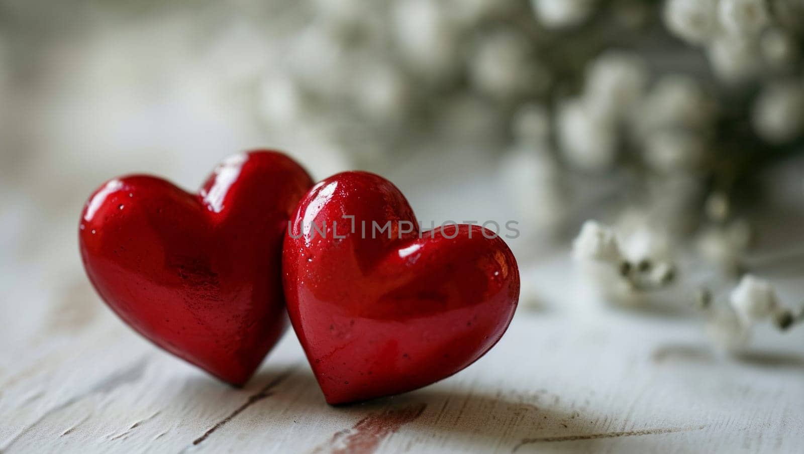 Red hearts on a wooden-stone white background. A realistic element that denotes love, health, care for yourself and loved ones. Valentine's Day. by Sneznyj