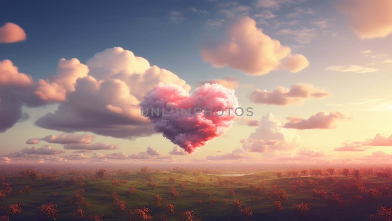 The sky is in the form of a heart. A sign of love and warmth in the sky. The heart hovers above the ground. Love and Valentine's Day. by Sneznyj