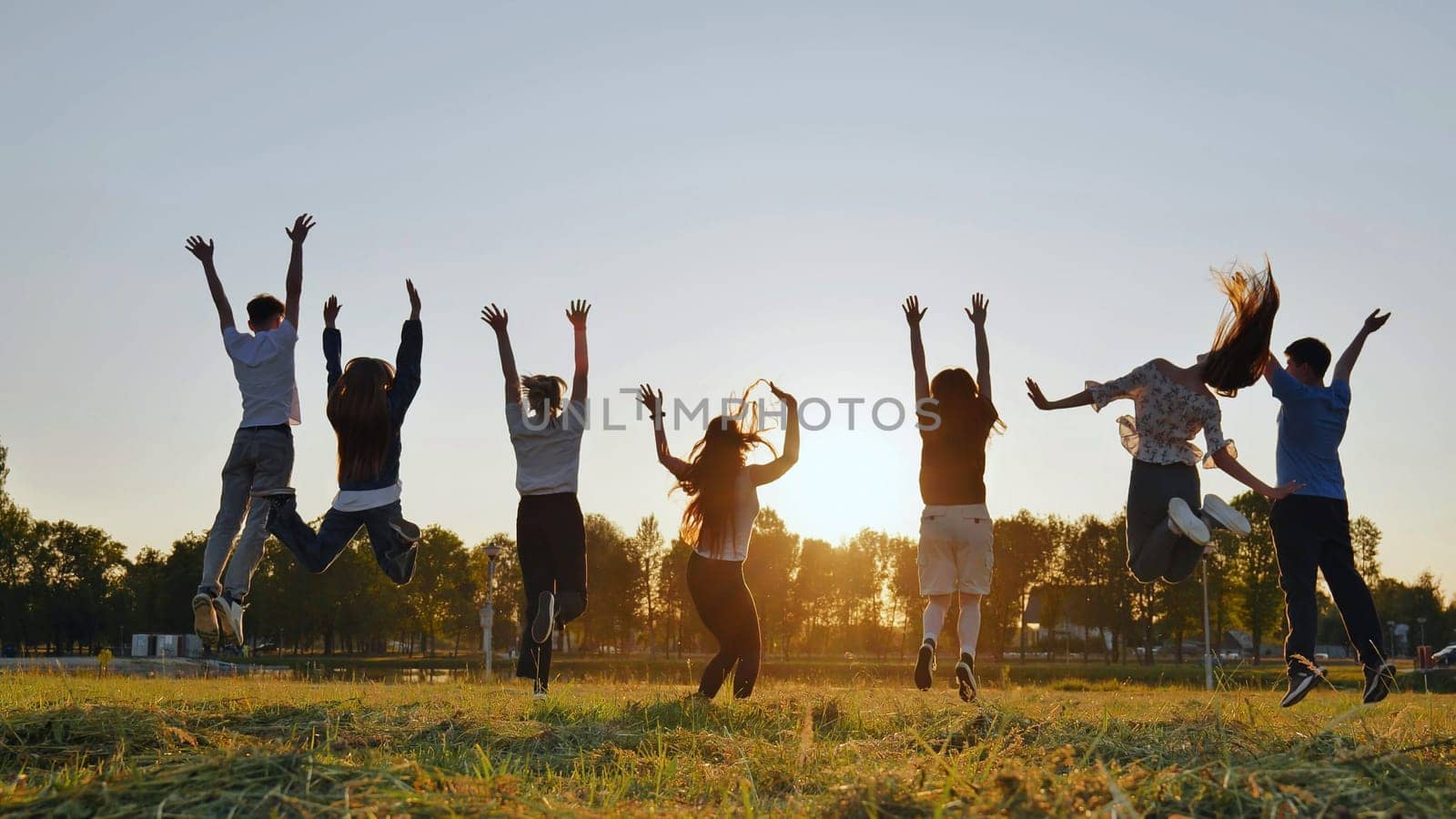 Group of five happy friends jumps at sunset time on background mountains. by DovidPro
