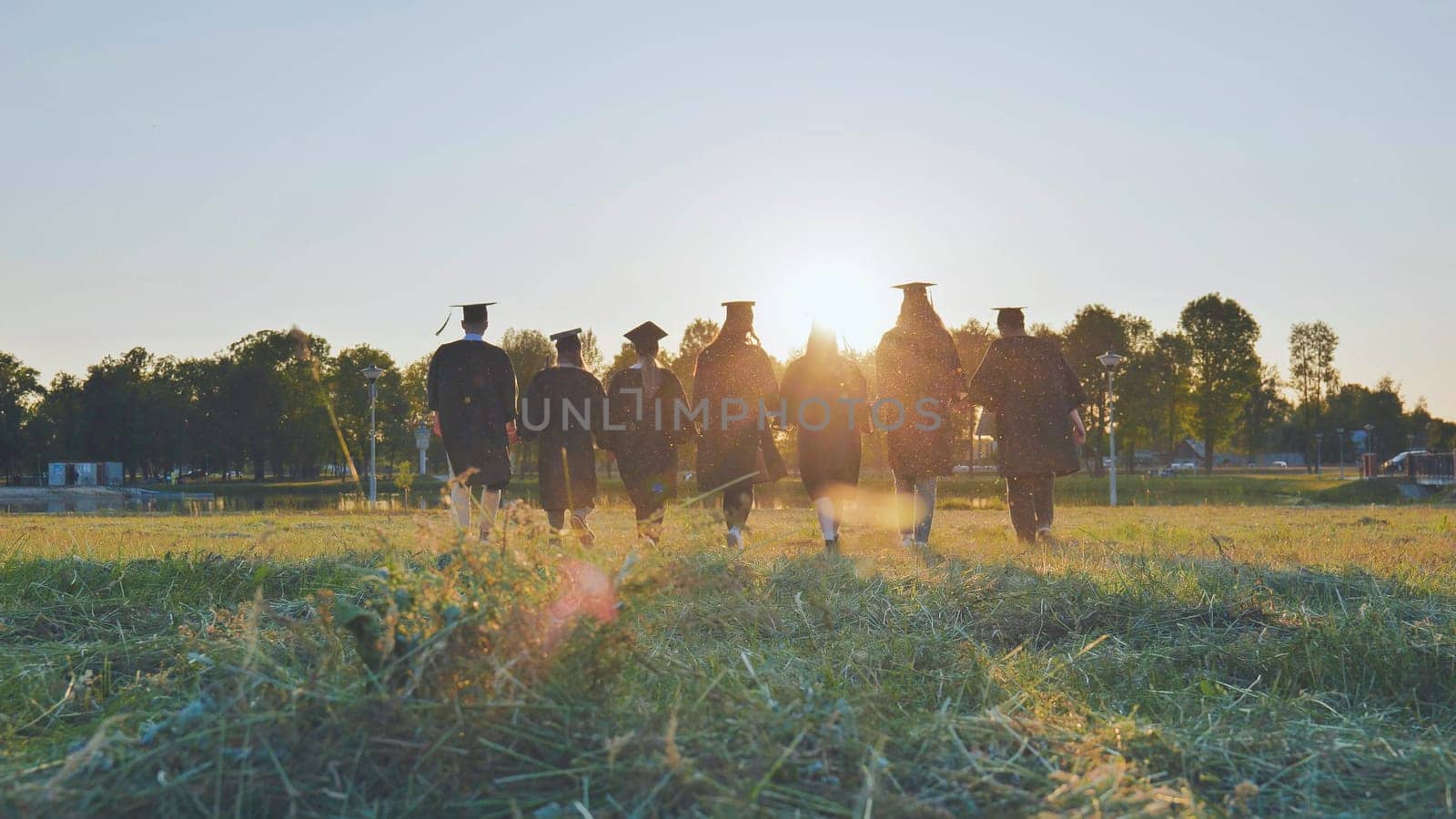 Graduate students walking through an evening meadow at sunset. by DovidPro