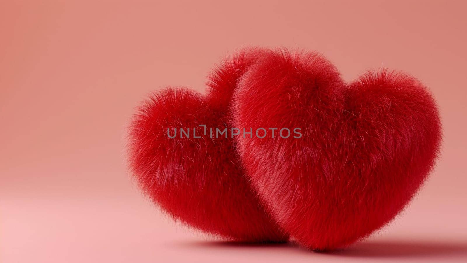 Several colorful fur hearts. Fur heart shapes on red background, denoting love and care. Valentine's Day and happiness. by Sneznyj