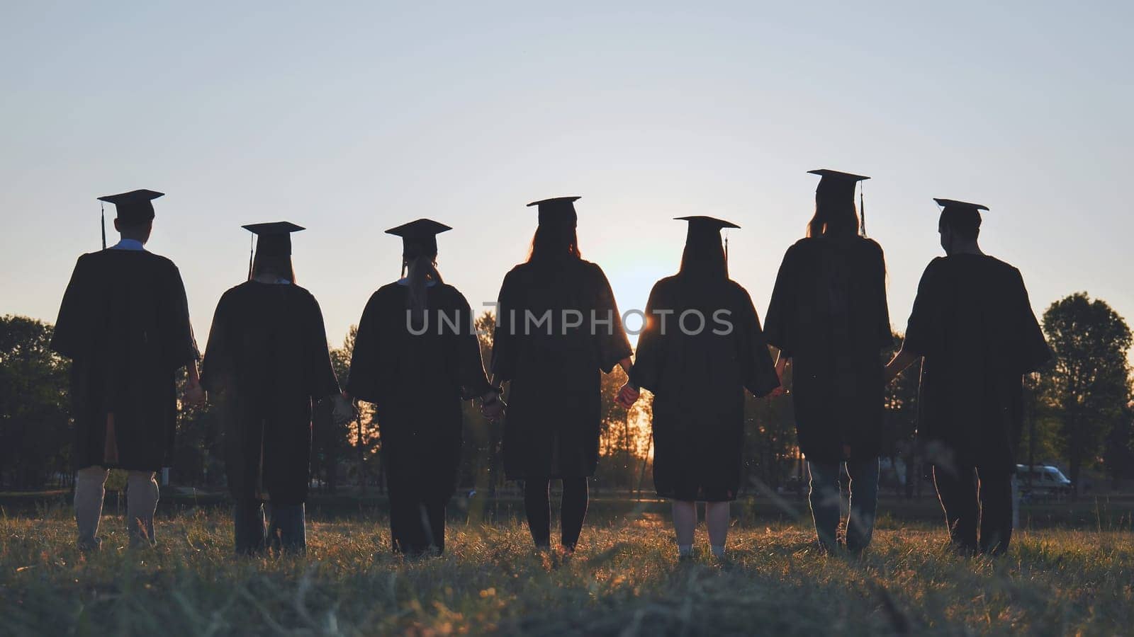 Silhouettes of college graduates standing in a meadow. by DovidPro