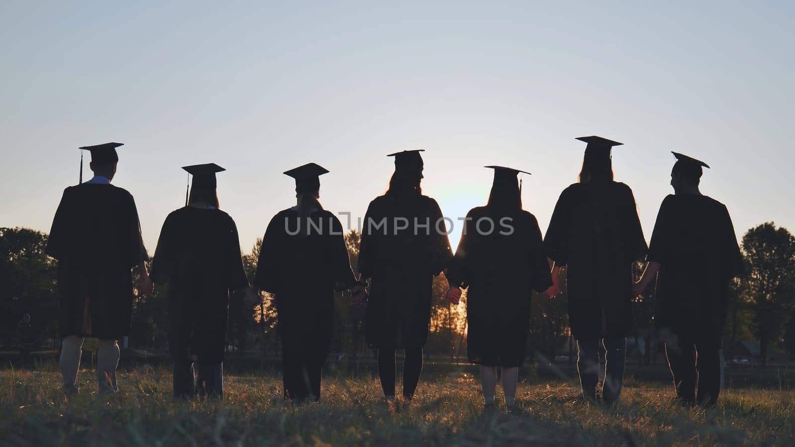 Silhouettes of college graduates standing in a meadow. by DovidPro
