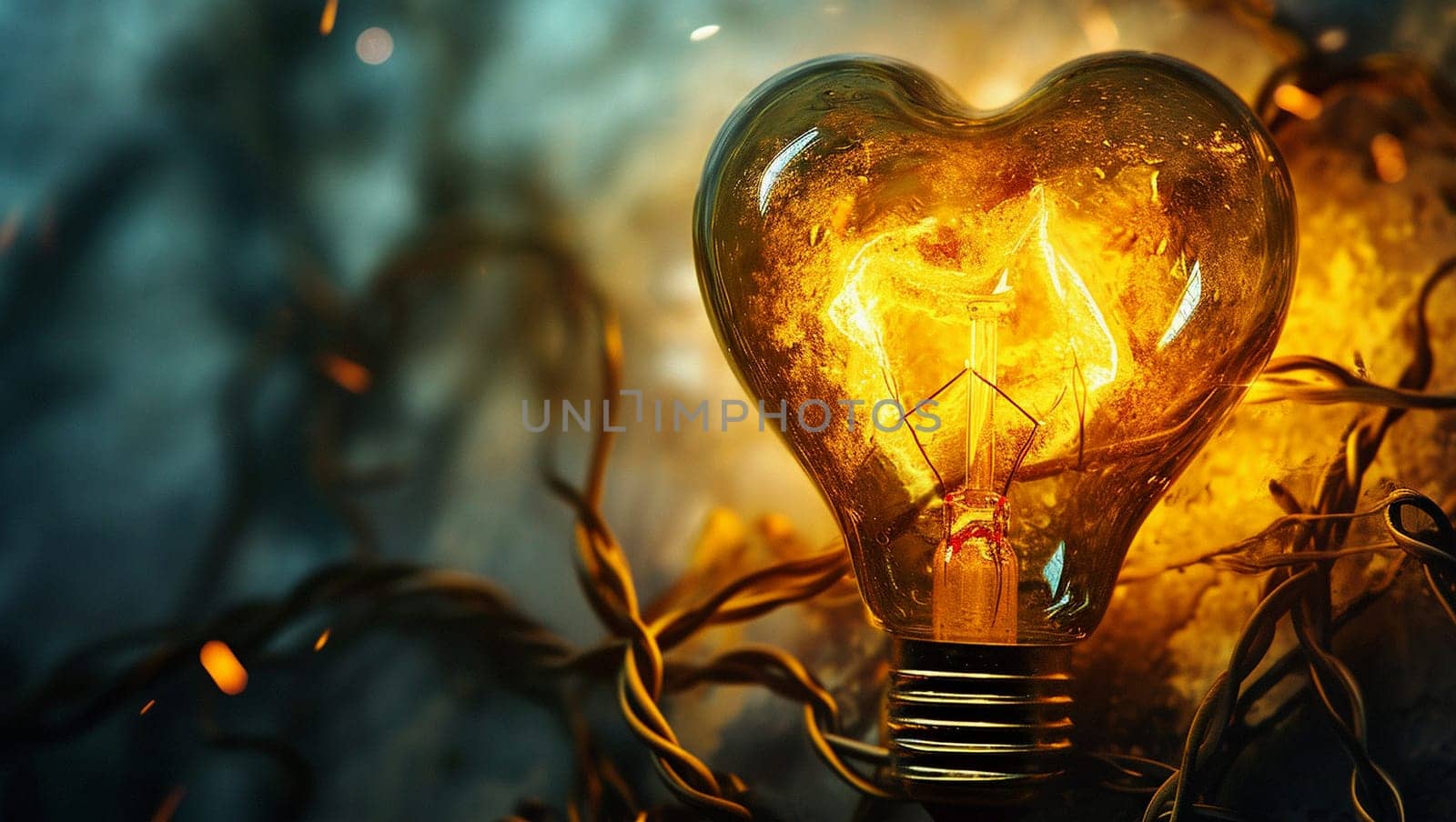 A light bulb in the shape of a heart. Heart shape with bright light inside. Light bulb. 3D render. Space for text, copy space. High quality photo