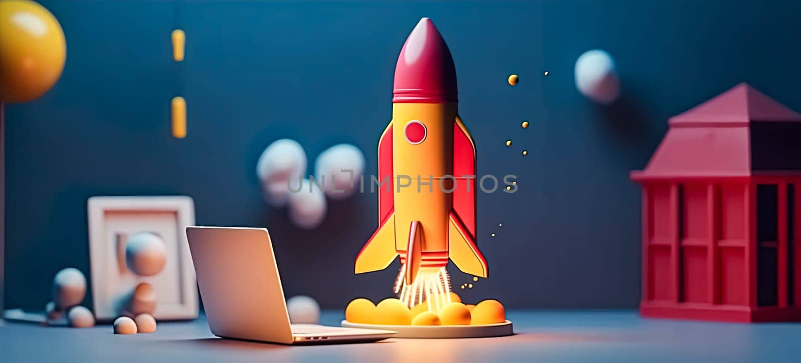 Rocket launch ship business product concept illustration. Standard visual capturing the idea of a product launching into the market.