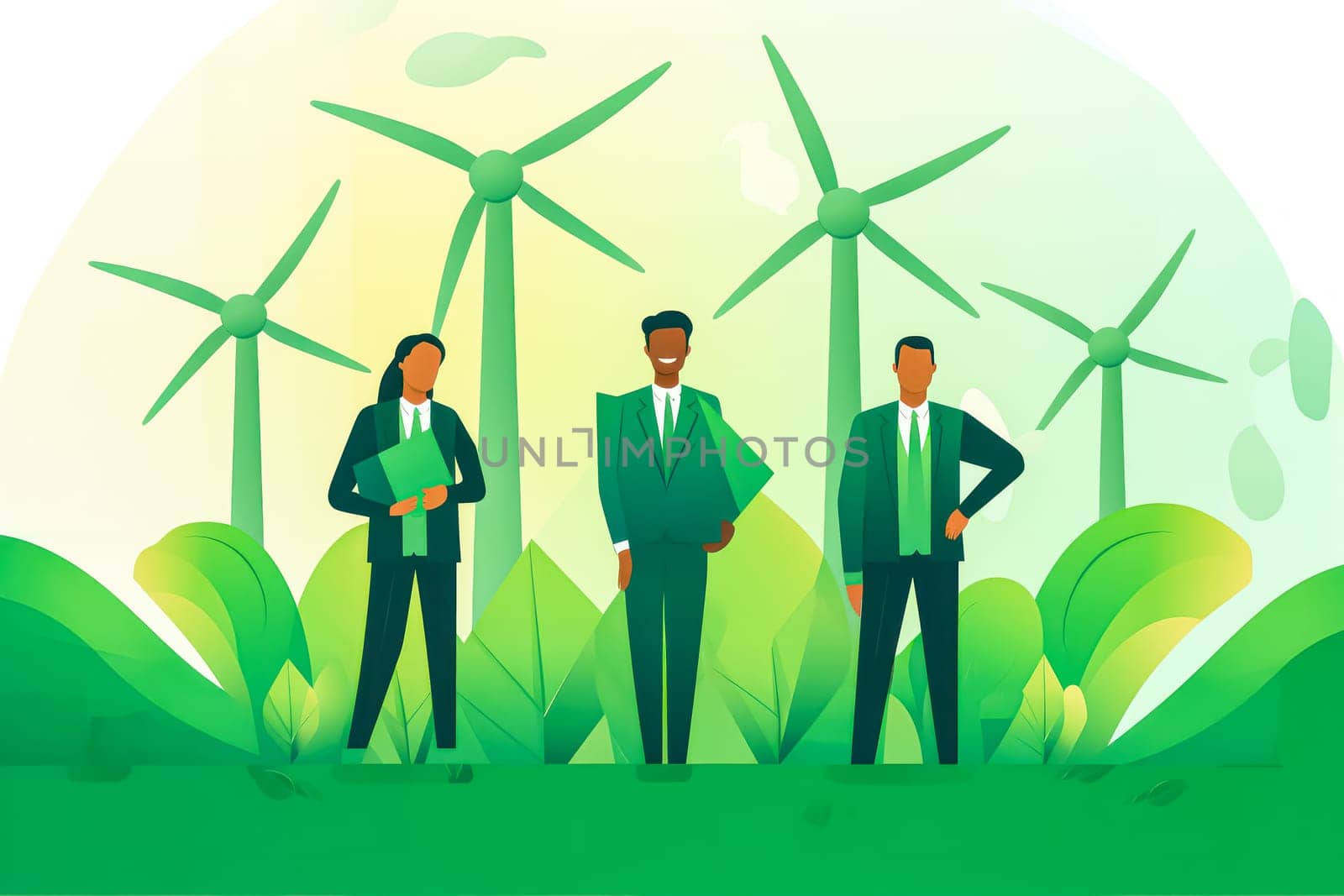 illustration of men and women making sustainable, eco friendly lifestyle choices recycling, growing plants, using renewable energy sources. Standard visual concept.