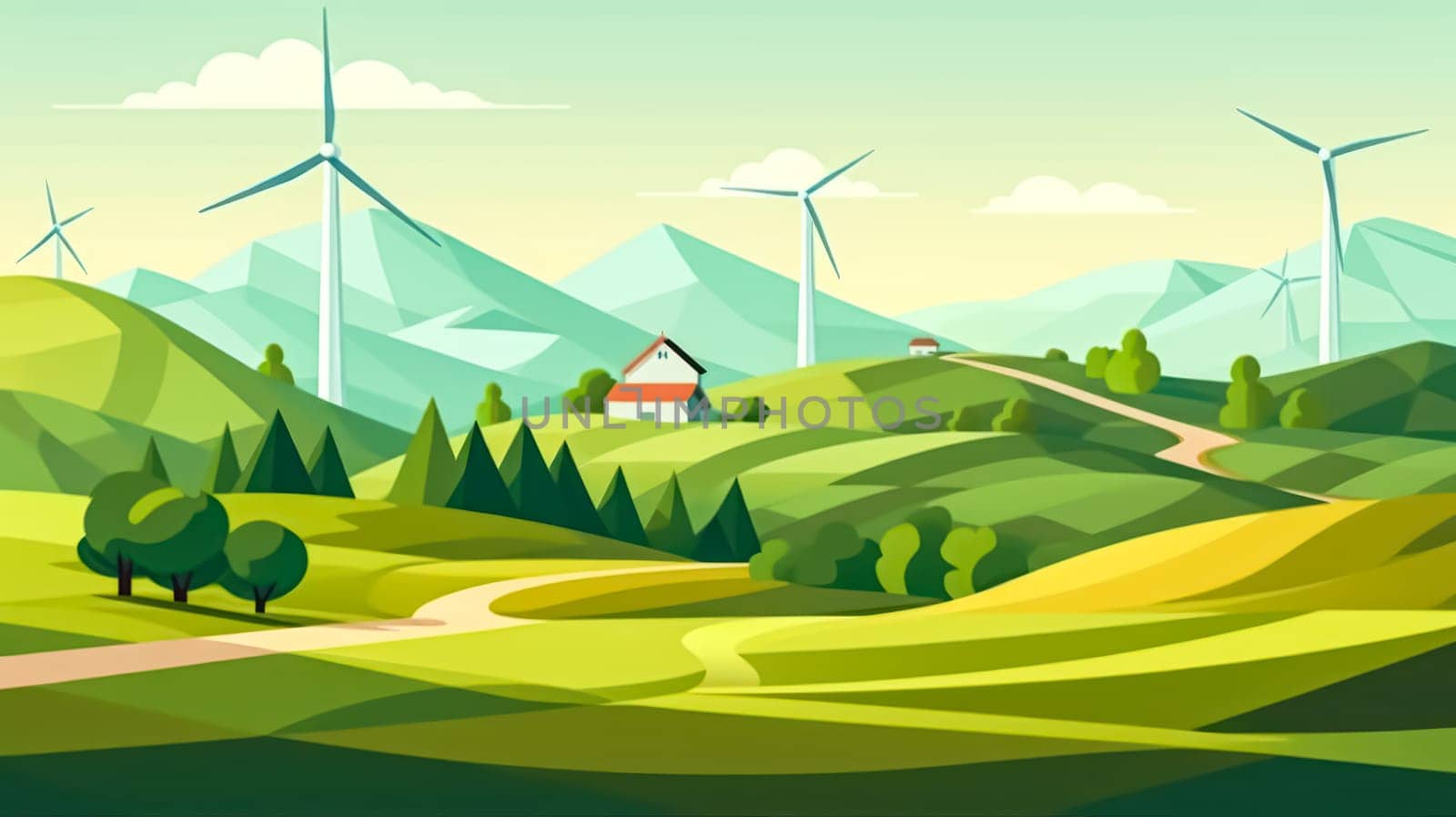 concept of an eco home private house with solar panels, wind turbines, and mountains in the background. Standard illustration for renewable energy and ecology.