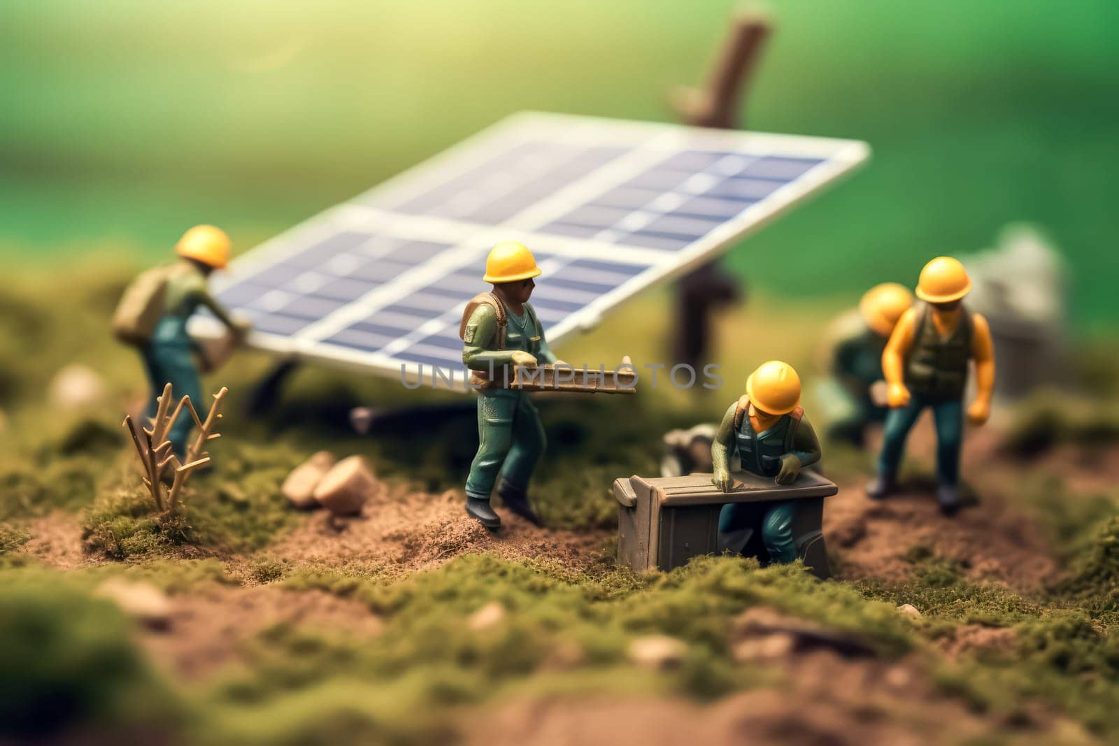 Miniature workers near solar panels standard illustration capturing the concept of renewable energy and sustainable practices in a miniature world.