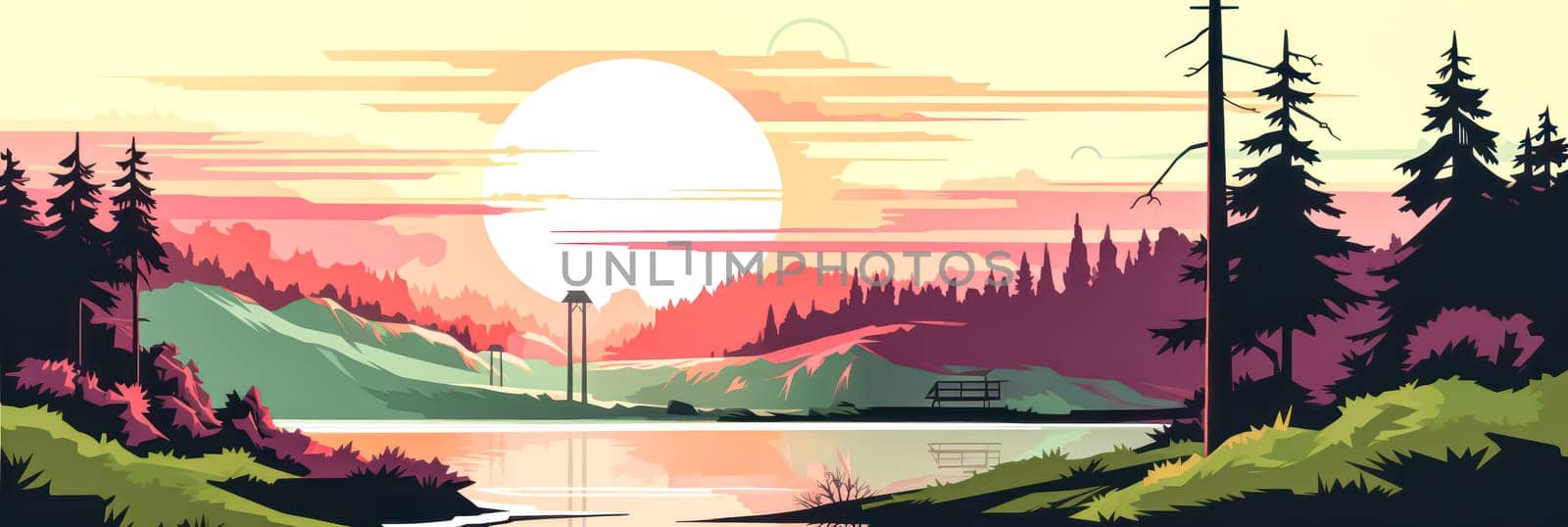 Camping in the mountains sunset scene. Standard illustration capturing the serene beauty of a mountainous camping experience.