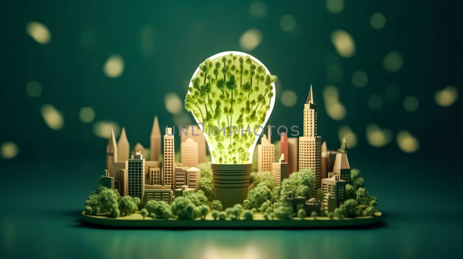 Green eco city with light bulb on white background save energy and nature. Environmental and ecology concept, sustainable development.illustration.