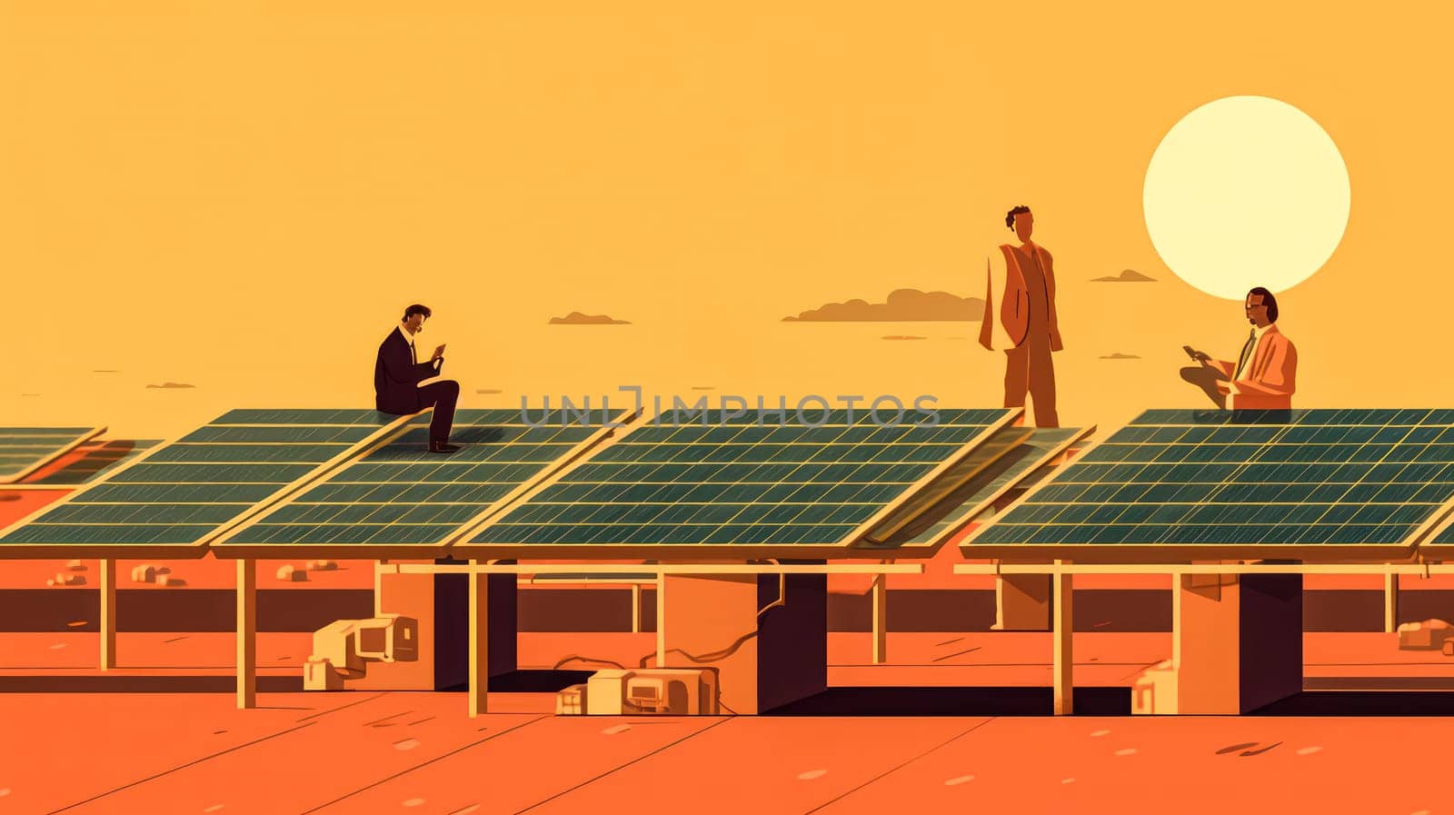 Isometric illustration of a solar cell power plant maintenance team working on the roof of a house. Standard visual depicting solar energy maintenance.