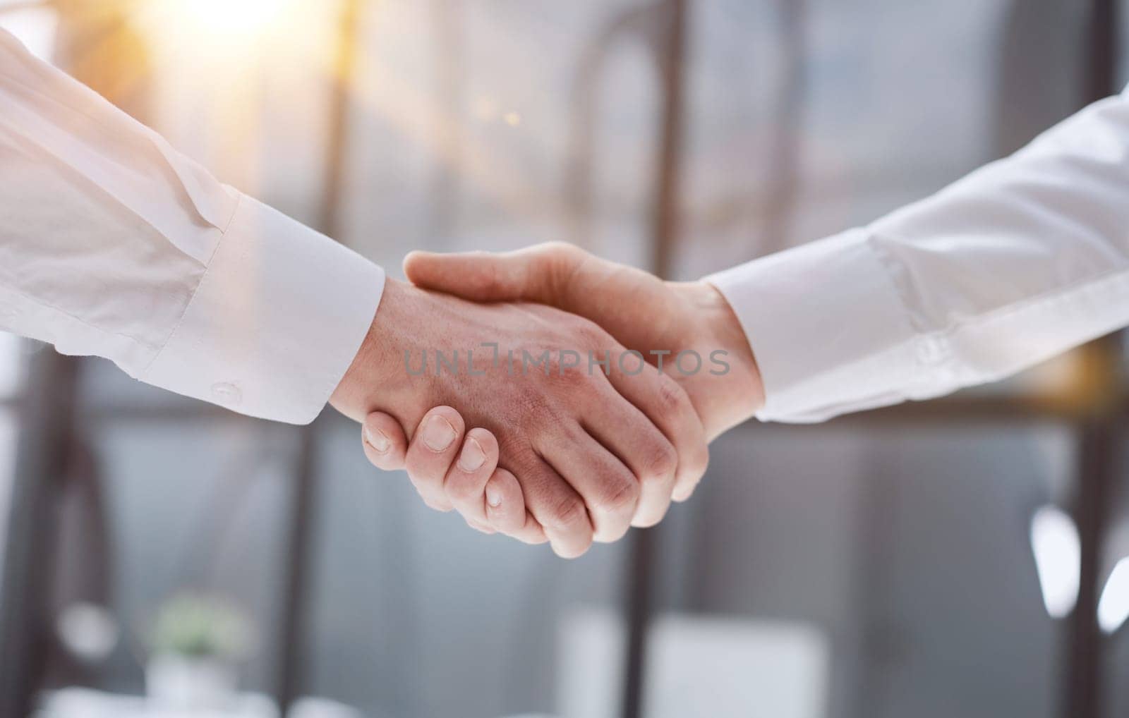 Two businessmen shake hands on the background of empty modern office, signing of a contract concept, close up by Prosto