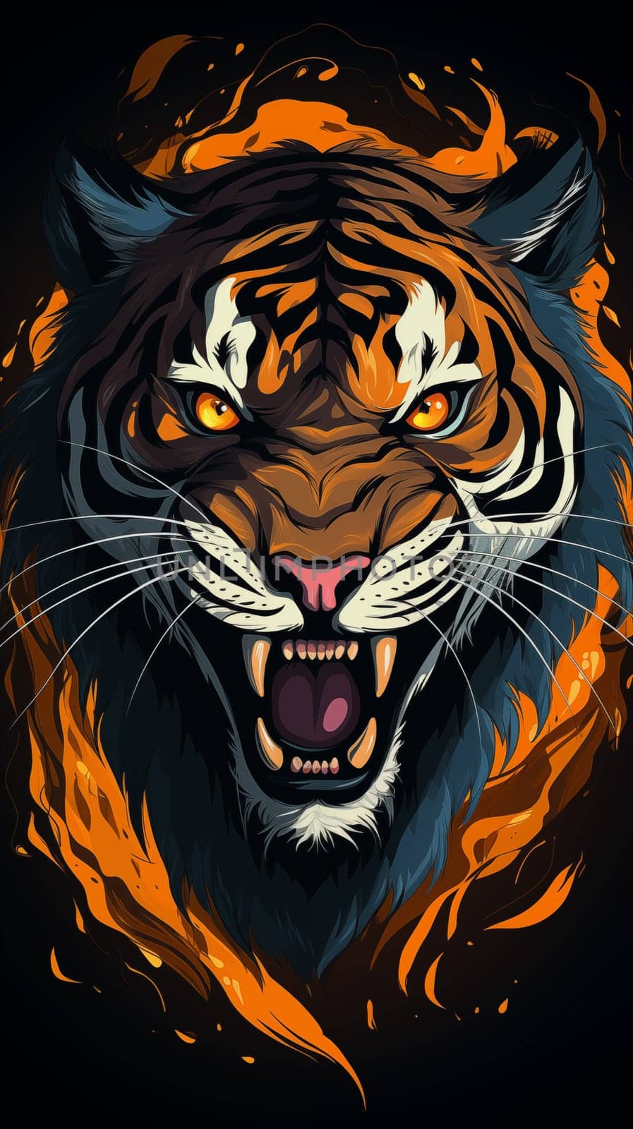 Front view of head of an angry, fiery tiger, on a black background, cartoon. Vertical