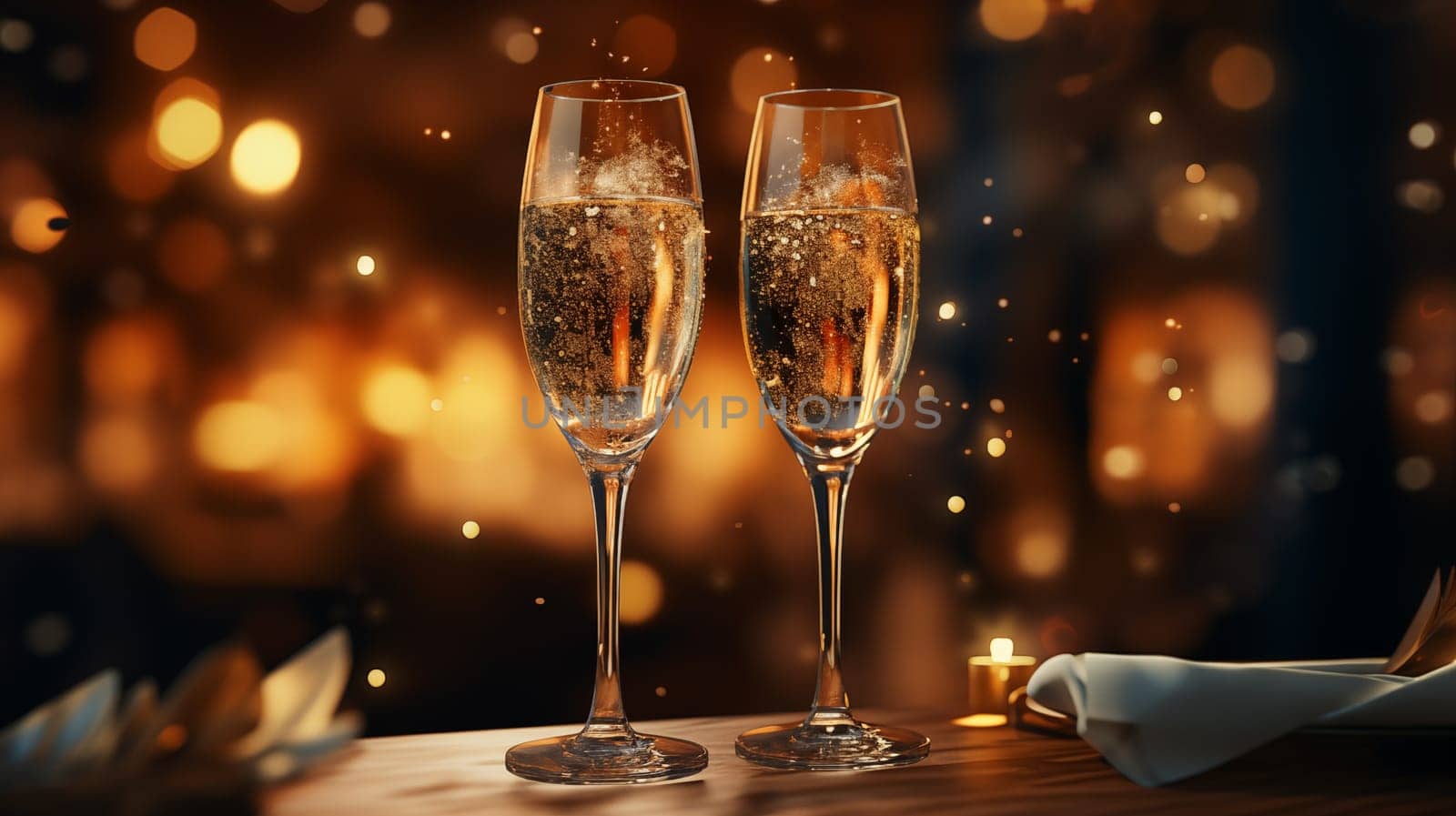 Two glasses of champagne with particles of gold stand on the table in the evening, surrounded by golden bokeh lights.