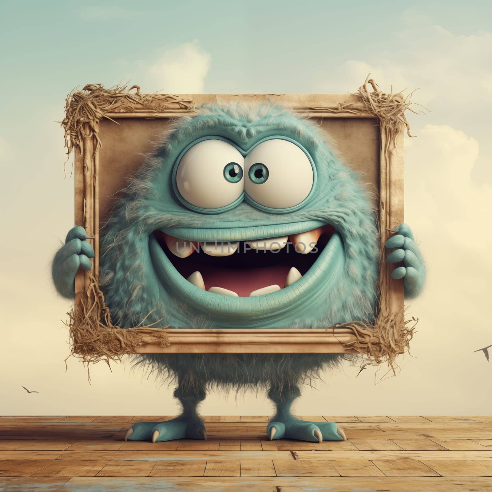 An exuberant blue monster with large eyes and a toothy smile, holding a rustic straw-framed sign on a wooden deck