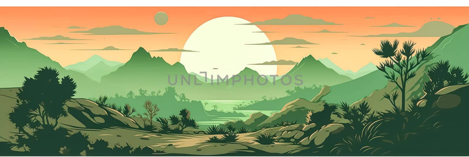 Camping in the mountains sunset scene. Standard illustration capturing the serene beauty of a mountainous camping experience.