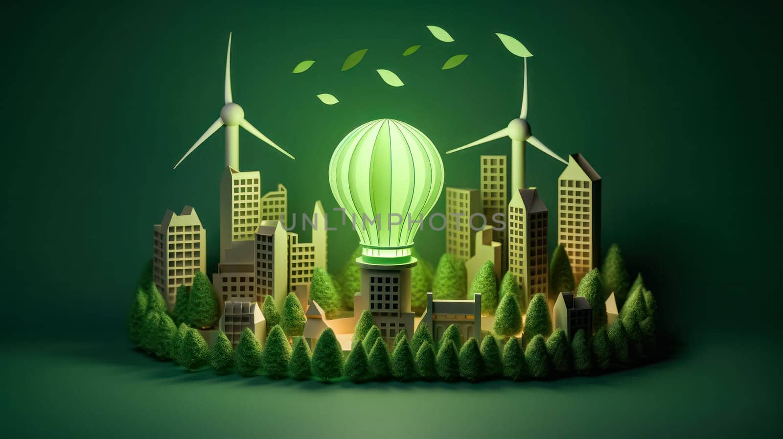 Green eco city with light bulb on white background save energy and nature. Environmental and ecology concept, sustainable development.illustration.