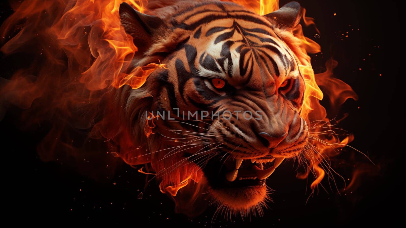 Head of an angry, fiery tiger, on a black background.