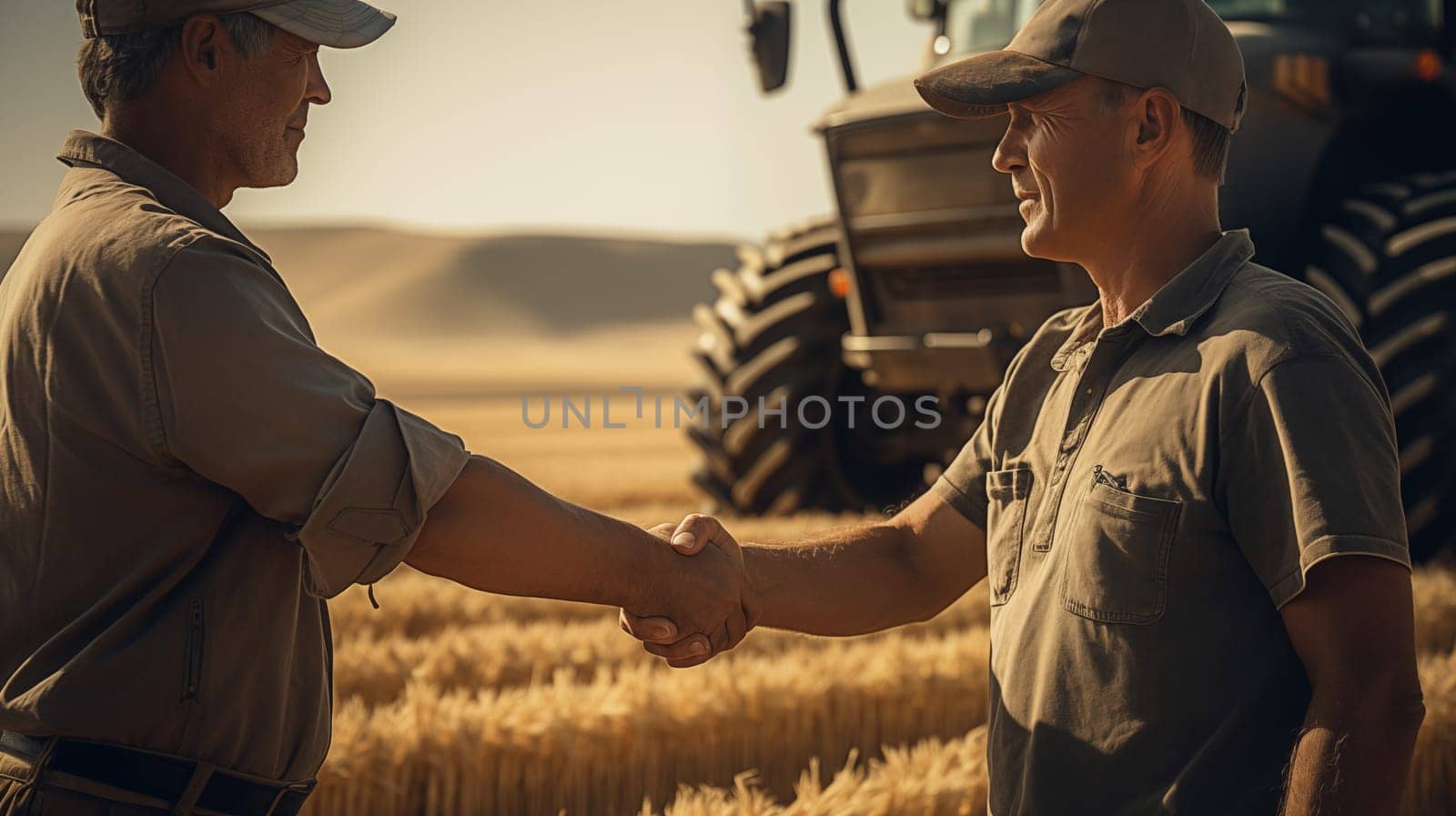 two farmers in shirts on the background of a wheat field with a tractor, shaking hands.
