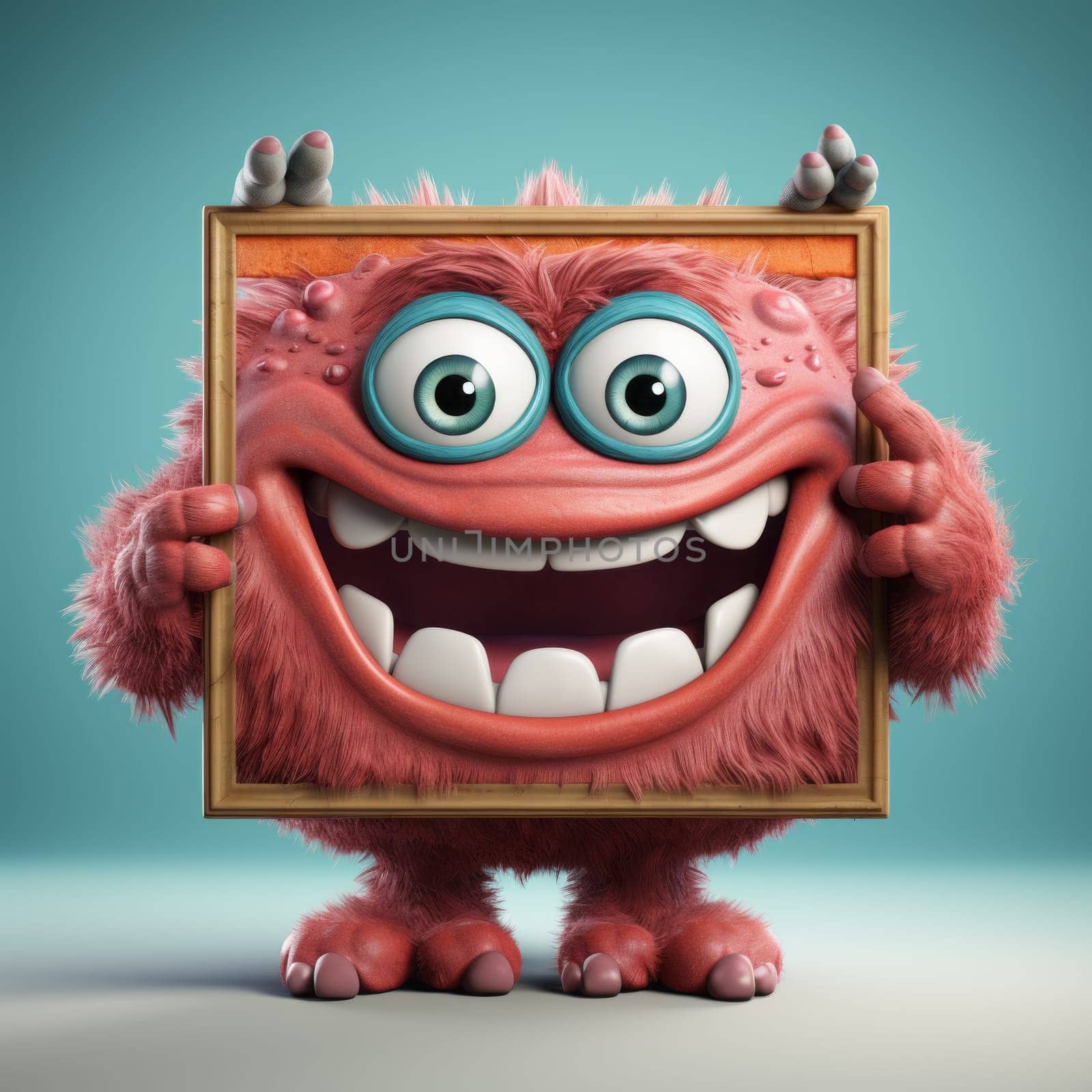 A red, hairy monster with big turquoise eyes and a wide grin, playfully peeking from behind a picture frame. Dental health and pediatric dentistry concept