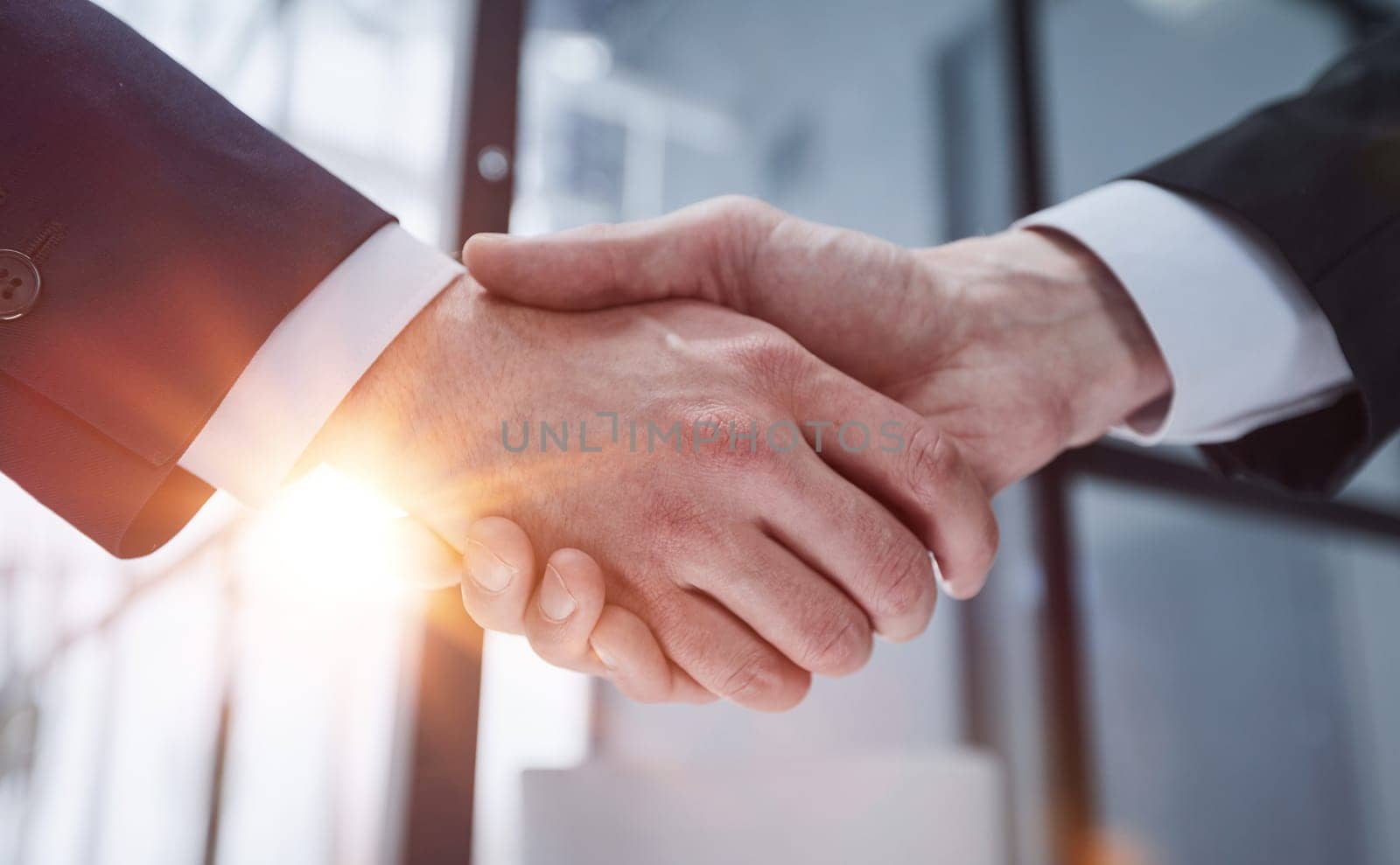 Handshake of two businessmen in a conference room, close-up