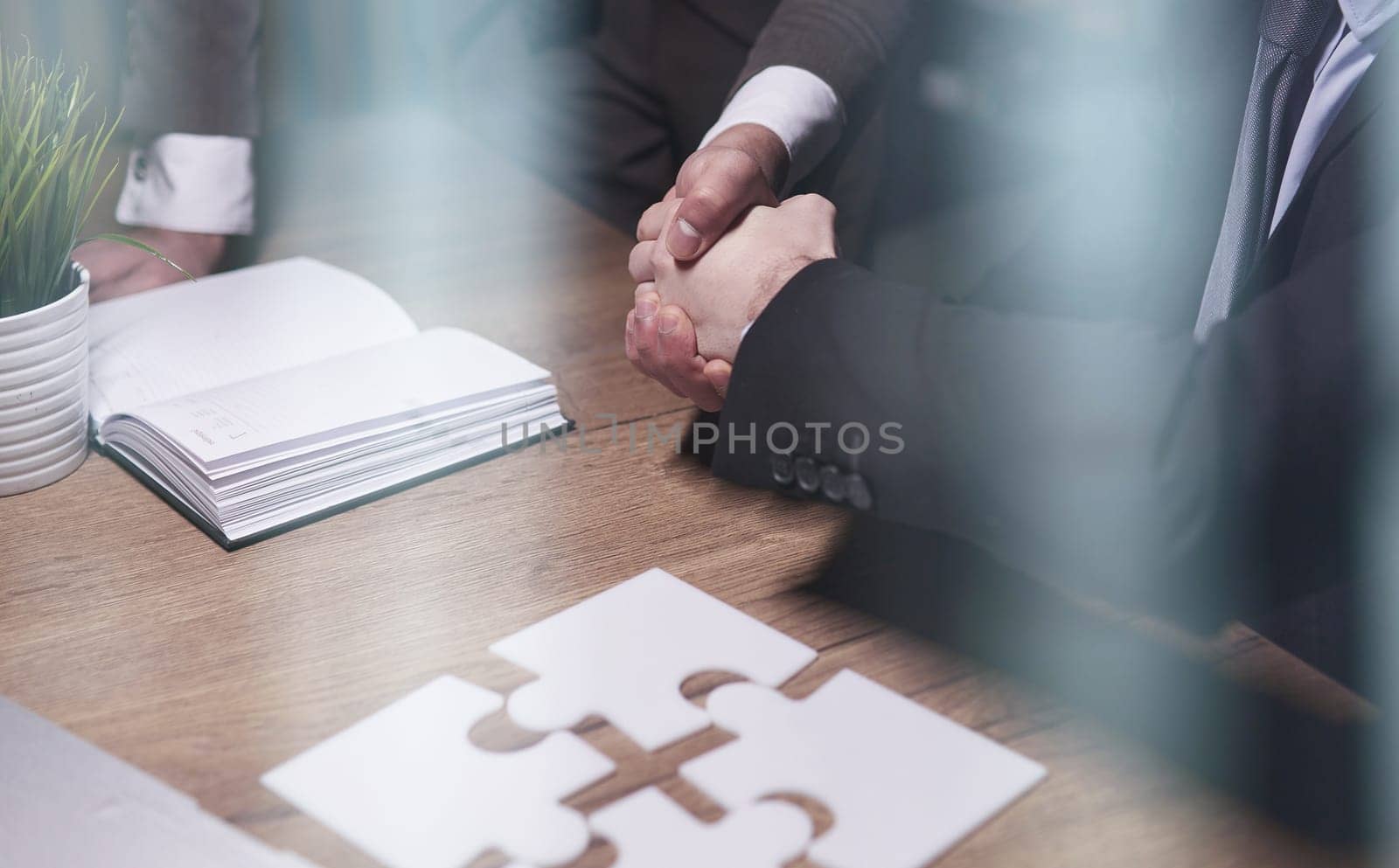 two confident business men shaking hands at the office table by Prosto