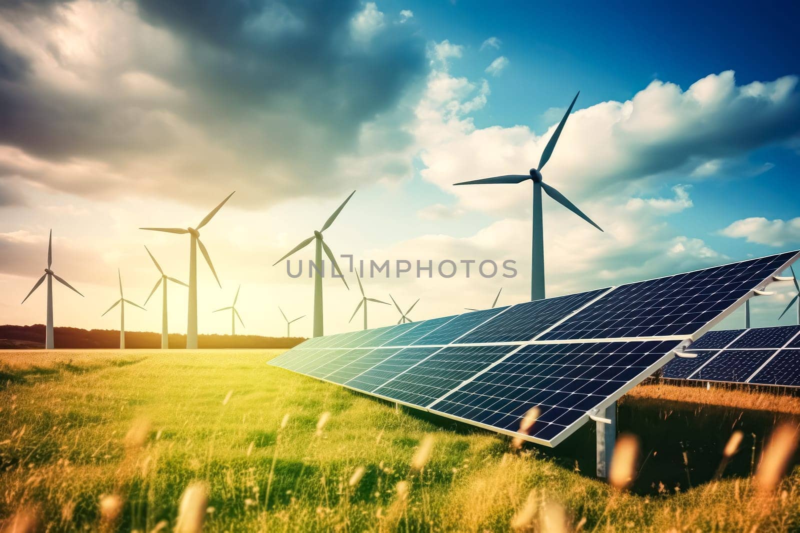 Solar panels and wind turbine illustrating green planet and renewable energy. Standard visual concept capturing the harmony of sustainable power sources.