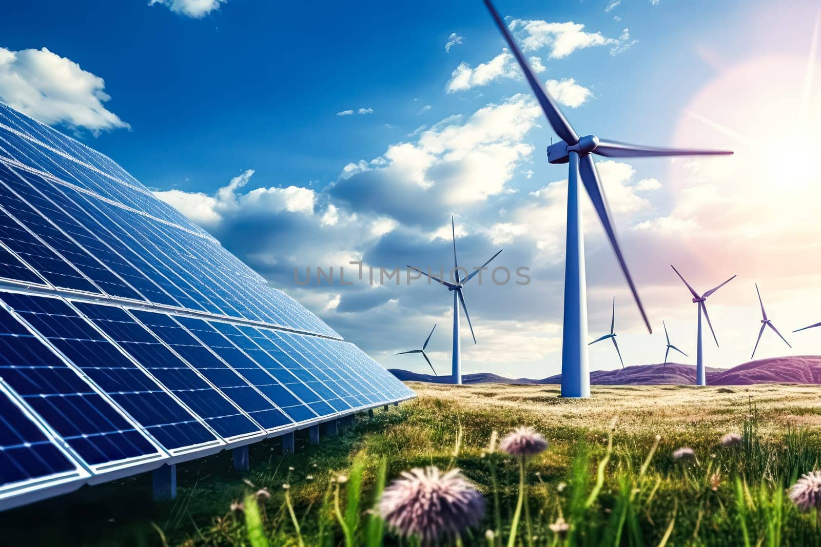 Solar panels and wind turbine illustrating green planet and renewable energy. Standard visual concept capturing the harmony of sustainable power sources.