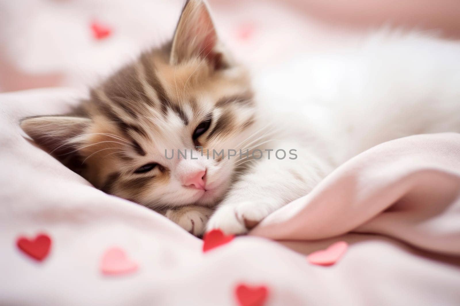 A sleepy kitten lies comfortably on a soft blanket, surrounded by playful heart confetti, a picture of innocence and cuteness.
