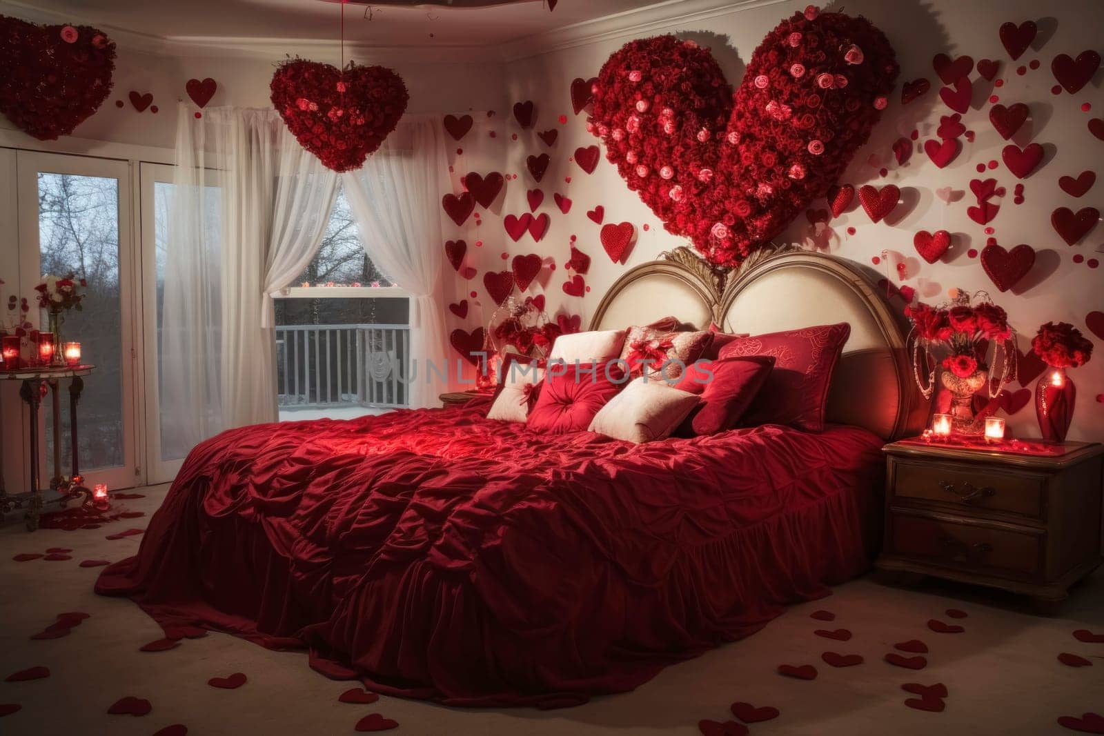 Romantic bedroom setting elaborately decorated with red heart-shaped balloons, flower arrangements, and candles for Valentine's Day.