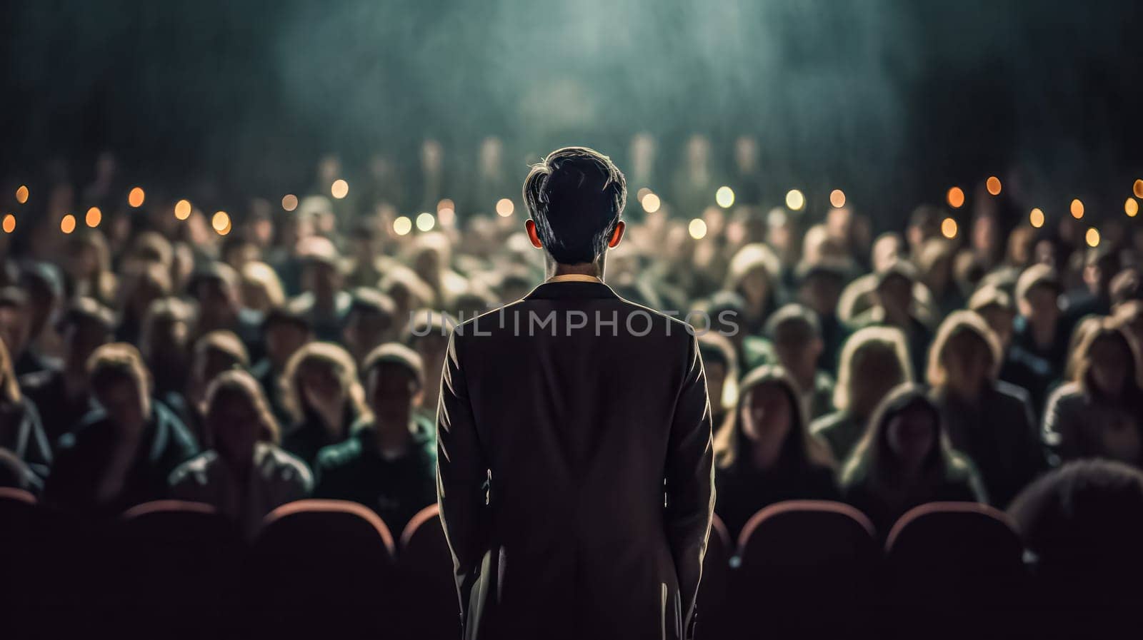 Confident businessman addressing a large audience with authority. Professional speaker delivering a compelling presentation to captivated listeners. Standard concept for business communication.