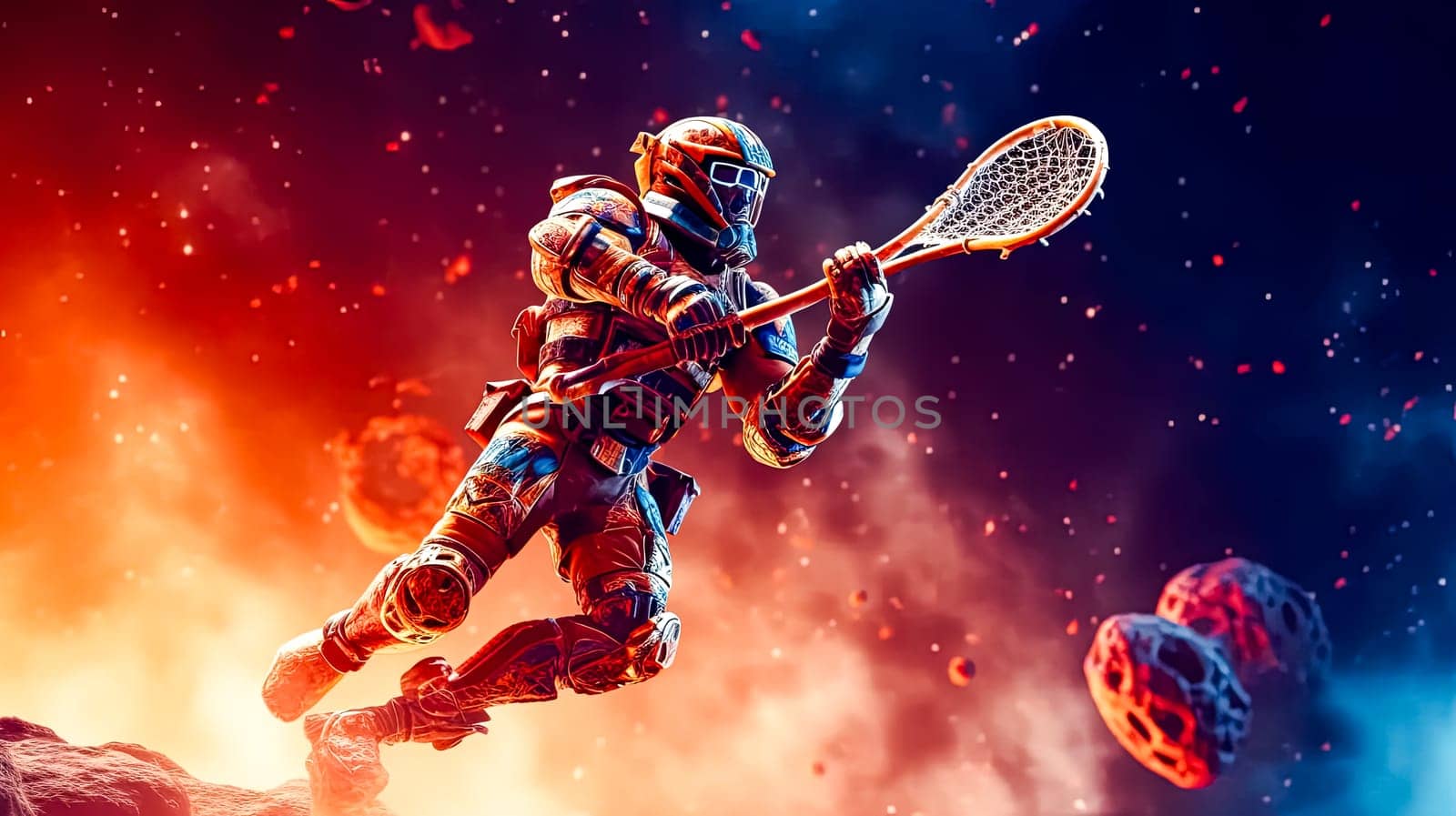 Dynamic lacrosse player in action, perfect for sports betting advertisement. by Alla_Morozova93