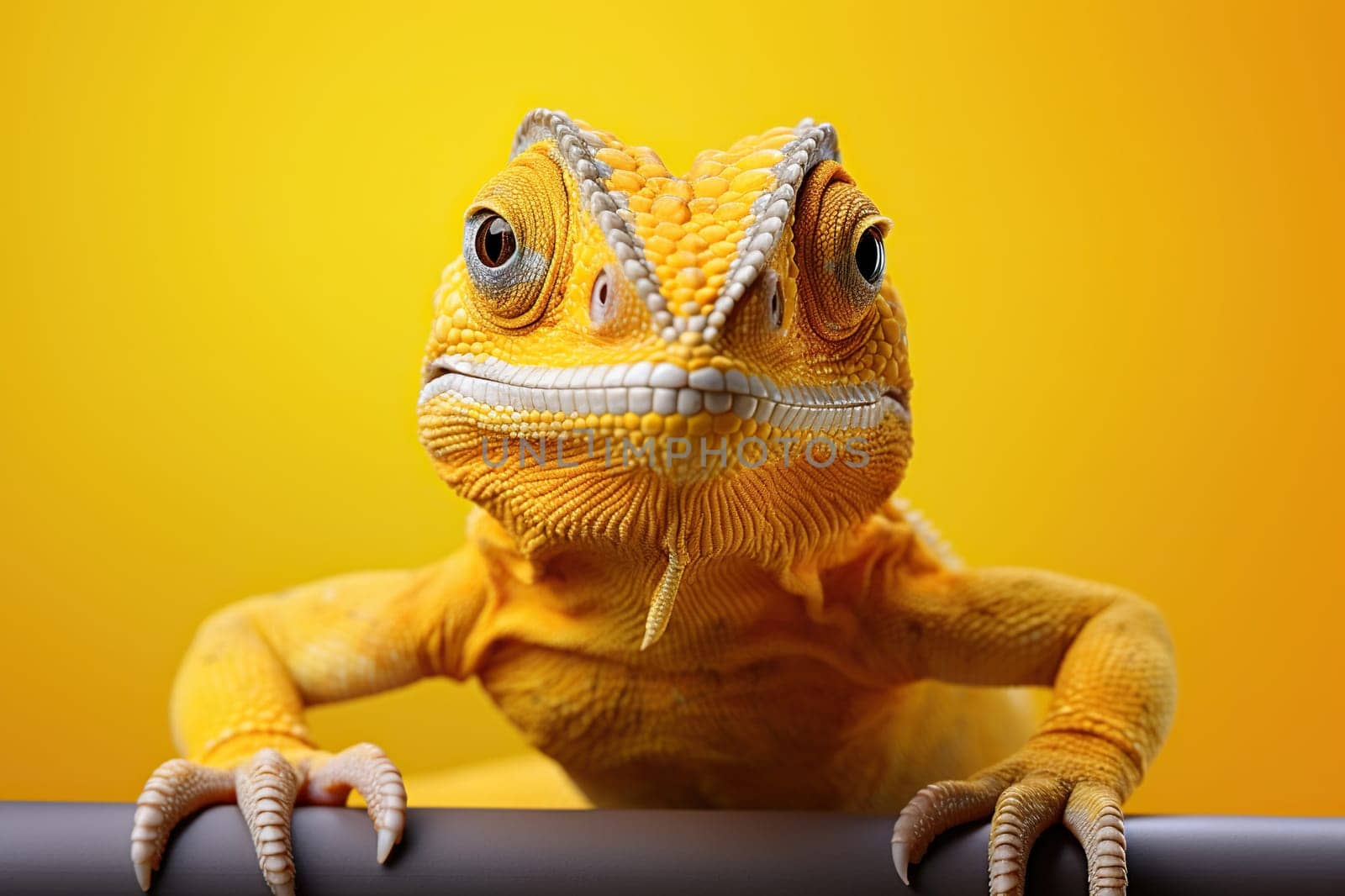 Bright yellow chameleon on a yellow background.