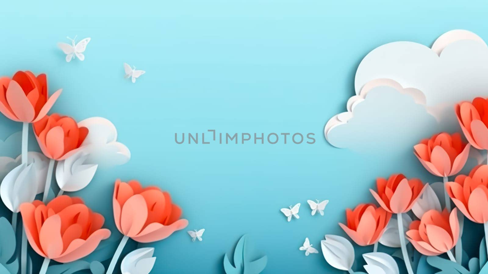 A mesmerizing floral arrangement, beautiful blooming flowers and tulips on a serene blue background. A delicate and vibrant scene, ideal for a variety of design projects and artistic concepts.