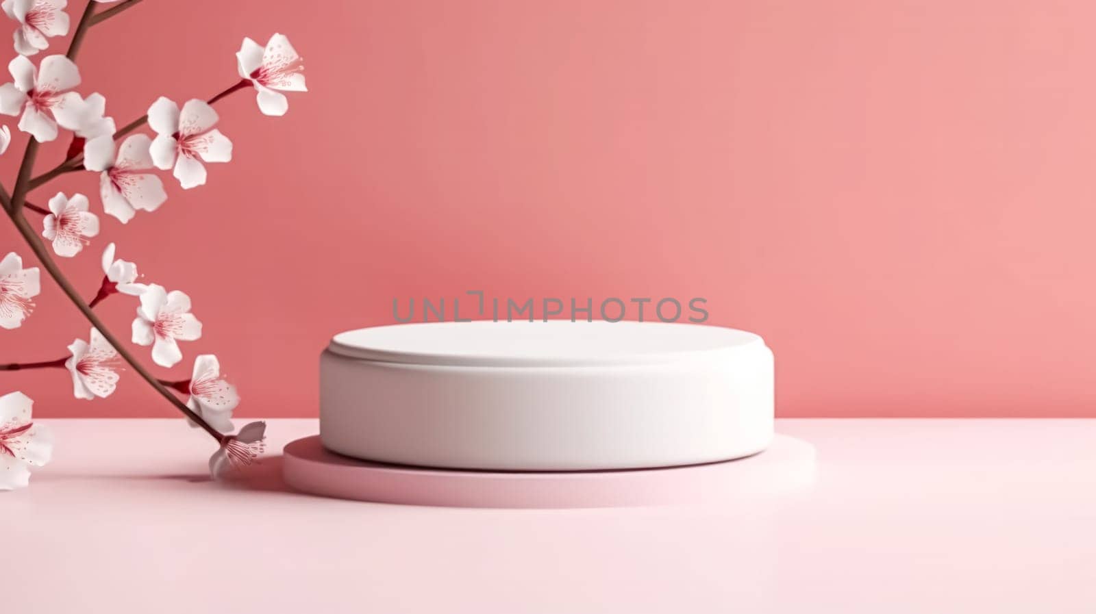 Elegant white podium standing on a serene beige background, adorned with delicate branches of cherry blossoms. Perfect for showcasing sophistication and beauty.