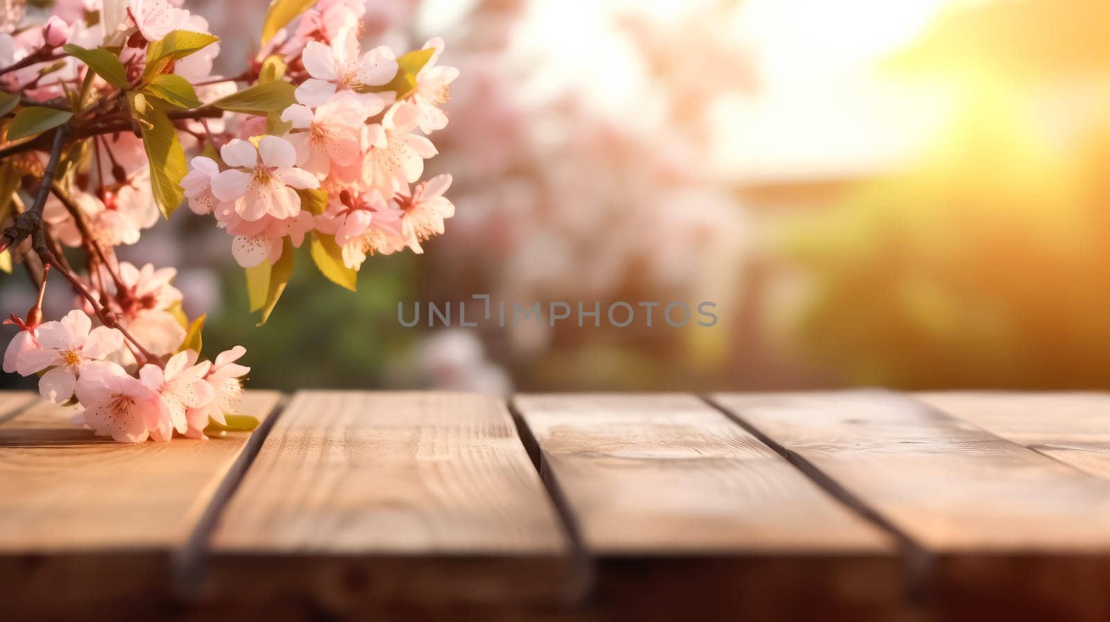 A rustic charm, an empty wooden table set in a Sakura flower park, surrounded by the soft bokeh of a garden. Perfect for showcasing outdoor themed products.