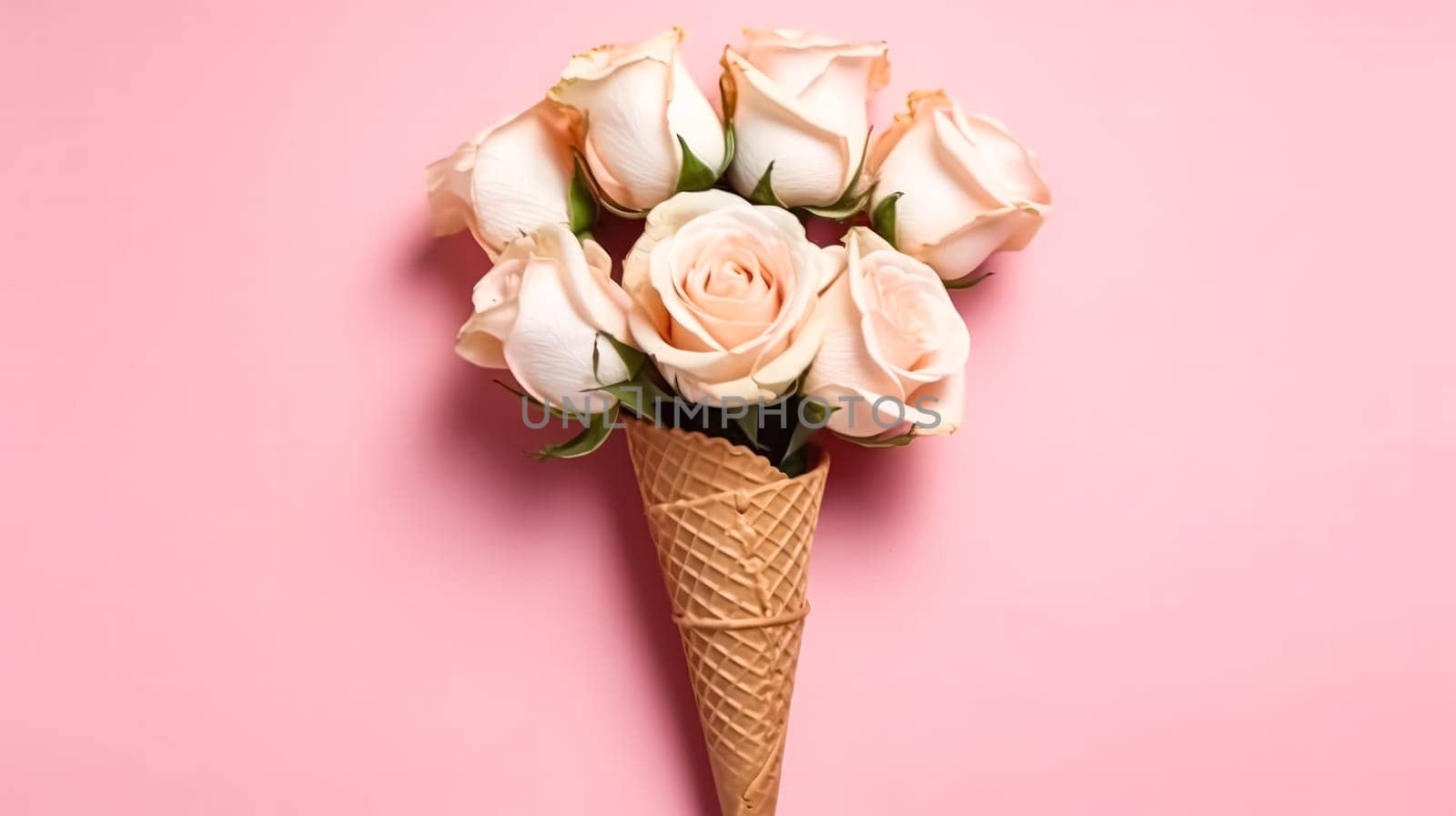 Delicious roses ice cream in a charming waffle cup, presented with minimalistic flair on a delightful pink background. A sweet treat for visual projects.
