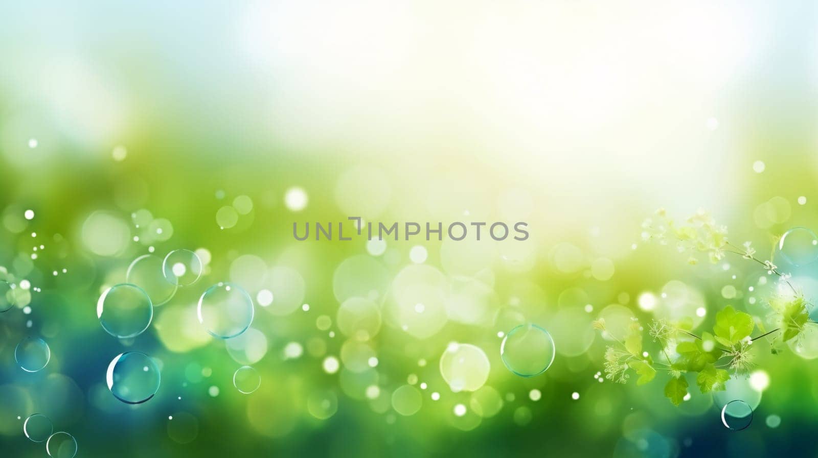 Bubbles in the air with green and white bokeh - Spring season concept - Generative AI