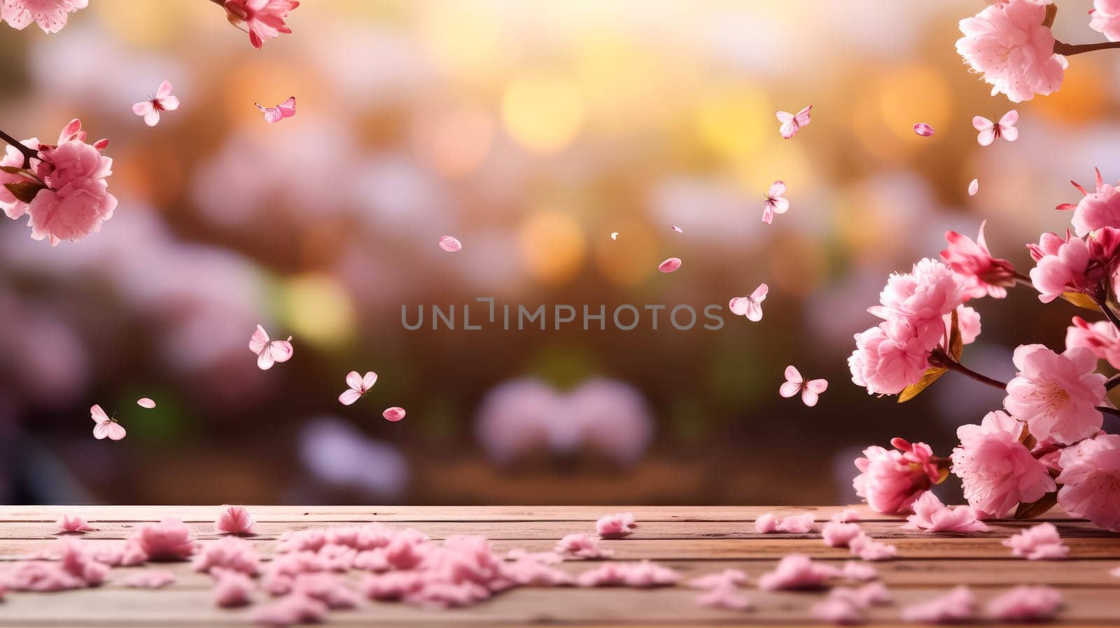 A rustic charm, an empty wooden table set in a Sakura flower park, surrounded by the soft bokeh of a garden. Perfect for showcasing outdoor themed products.