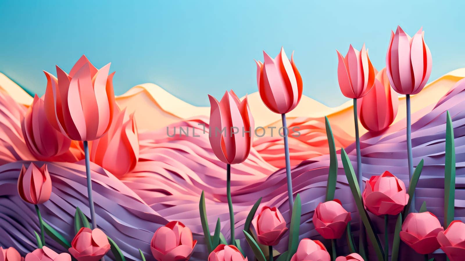 Ephemeral beauty crafted from paper vibrant tulips meticulously cut, forming a delightful composition against a colorful background. Artistry in bloom.