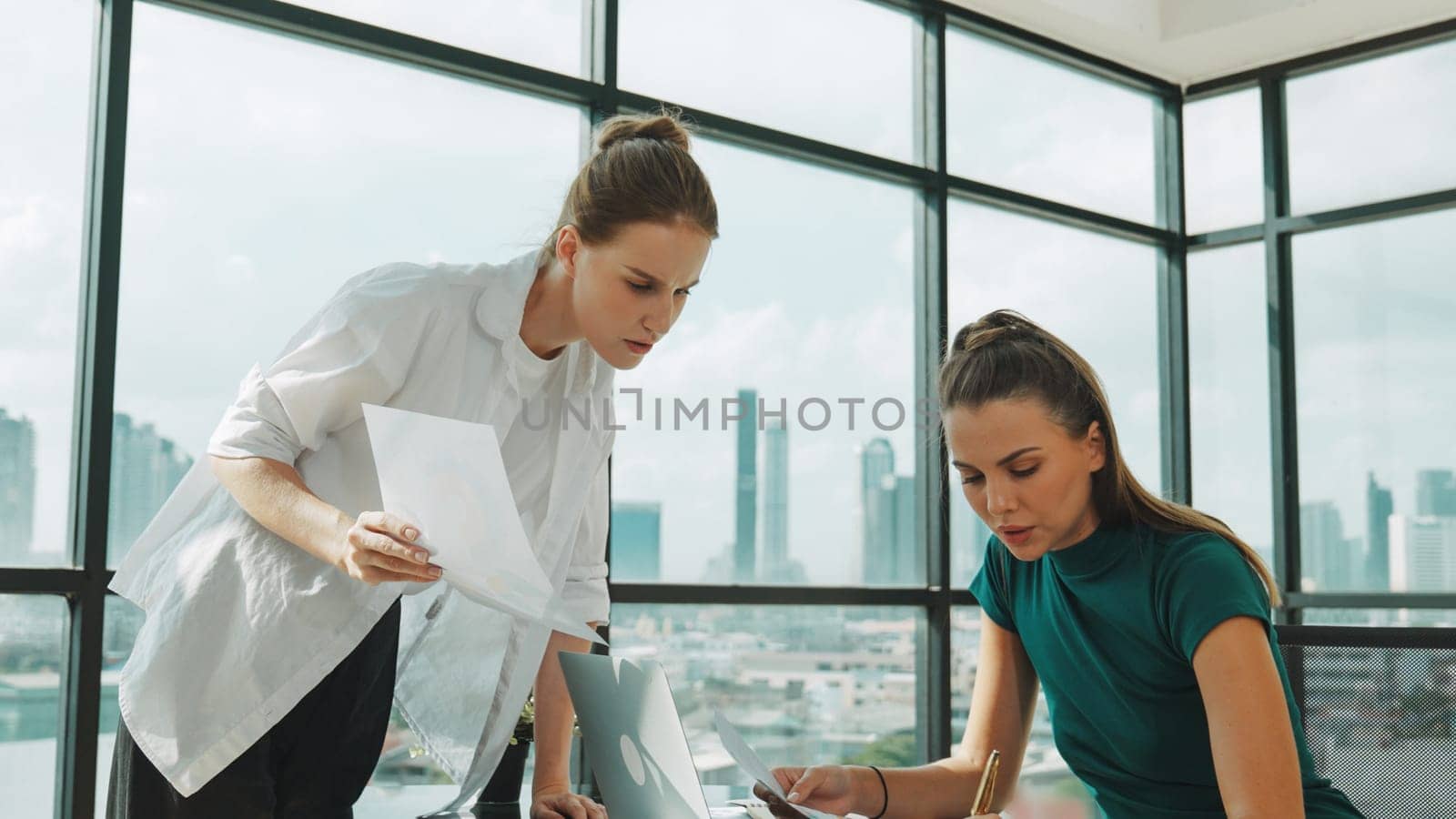 Smart businesswoman present start up project while executive manager listen carefully. Professional business team working together, sharing, discussing, thinking about business idea. Tracery