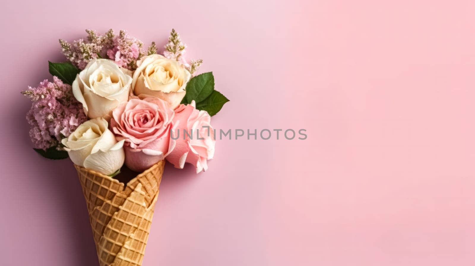 Delicious roses ice cream in a charming waffle cup, presented with minimalistic flair on a delightful pink background. A sweet treat for visual projects.