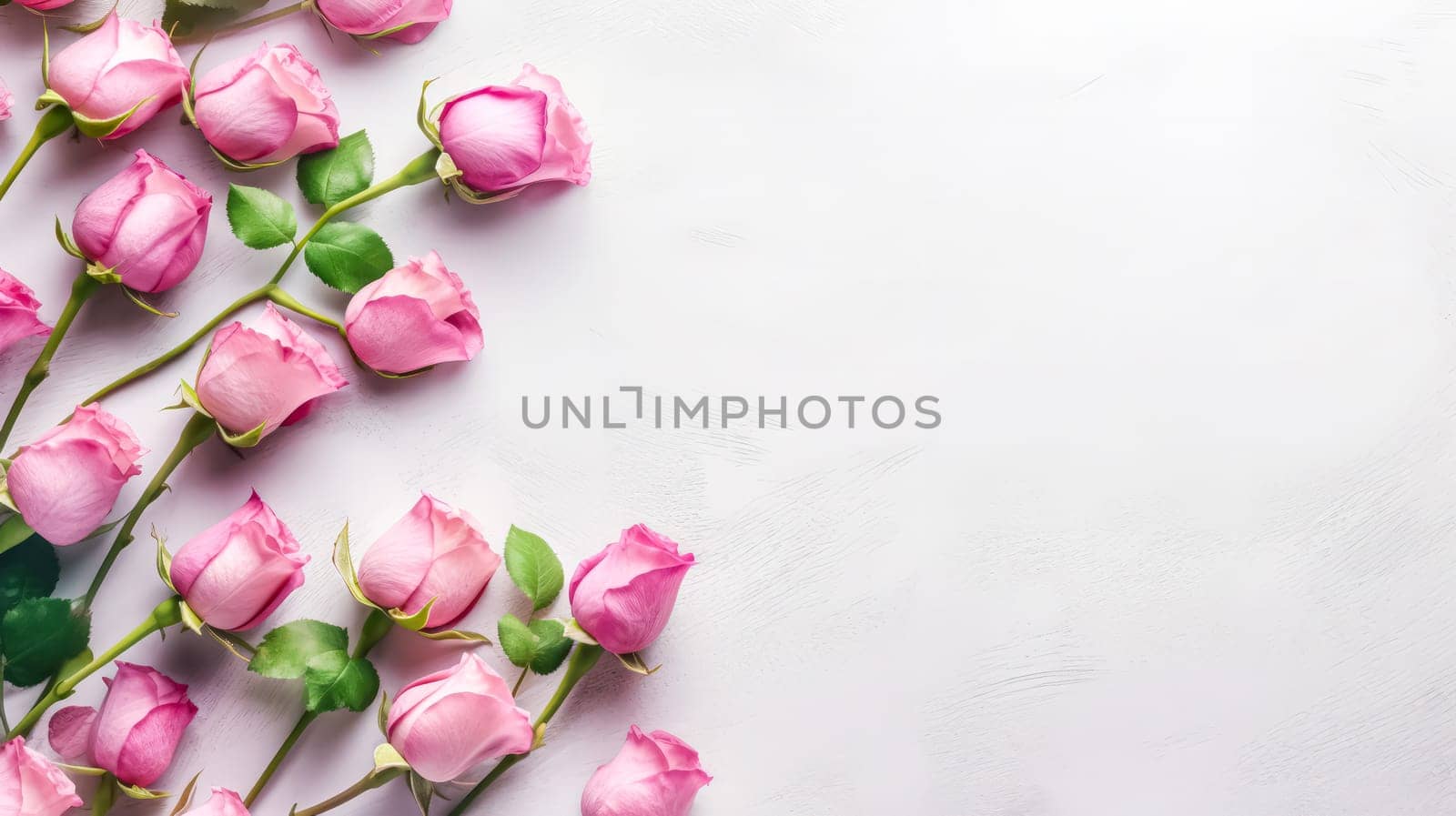 Elegant flat lay composition featuring a delicate framework made of roses on a clean white background. A timeless and romantic floral arrangement.