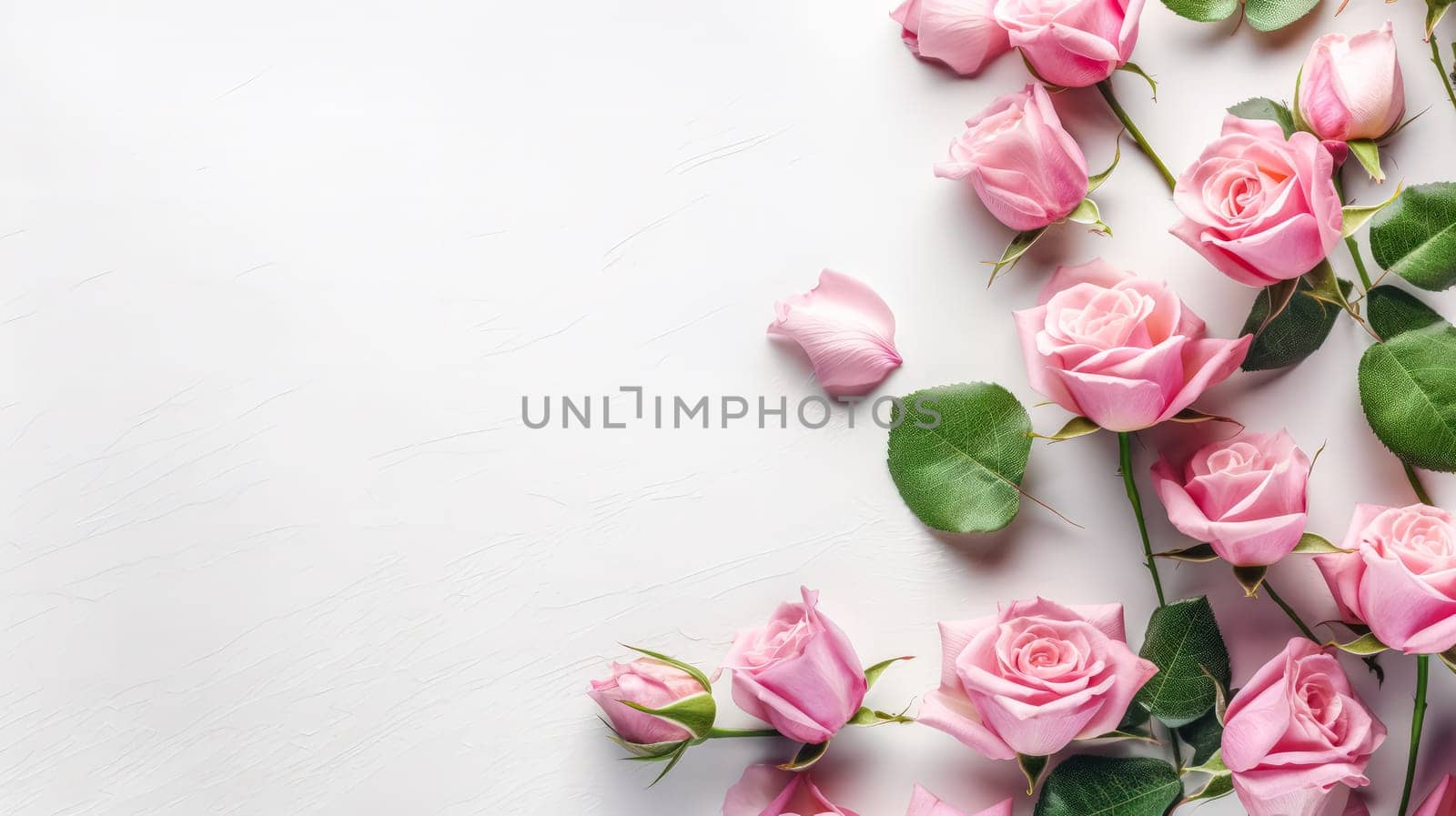 Elegant flat lay composition featuring a delicate framework made of roses on a clean white background. A timeless and romantic floral arrangement.