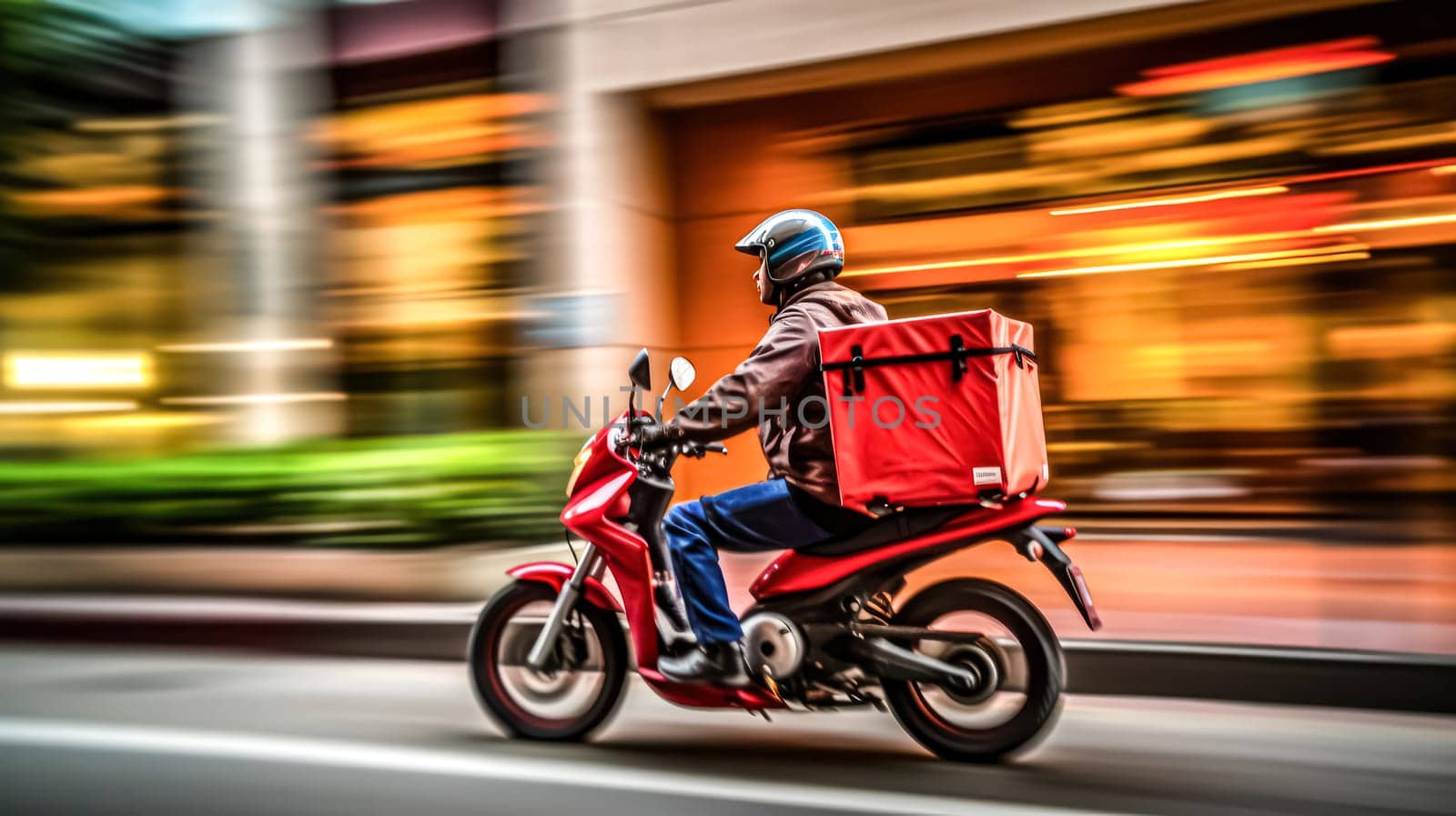 Motion blurred shot of a dedicated food delivery man riding a moped to deliver an order. Standard image capturing the speed and efficiency of food delivery services.