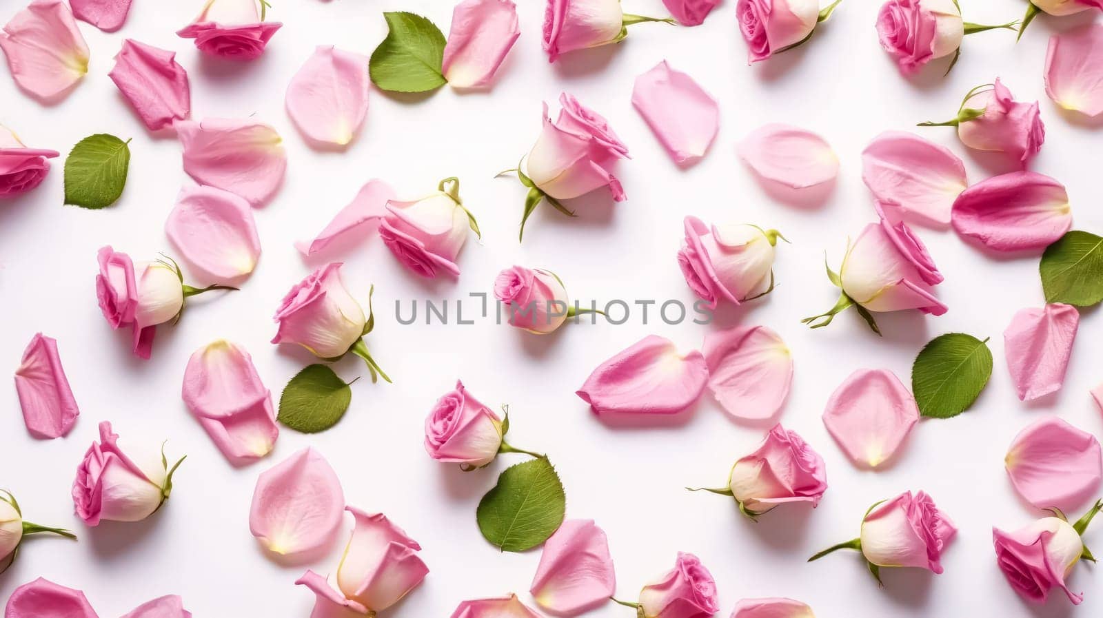 Elegant flat lay composition featuring a delicate framework made of roses on a clean white background. A timeless and romantic floral arrangement.