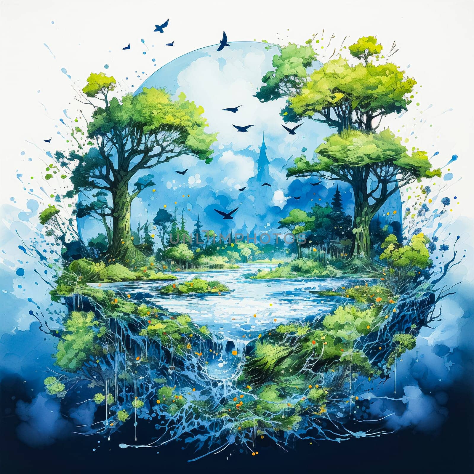 Serene River Scenery, A captivating illustration depicting a tranquil river landscape surrounded by lush trees, presented on a clean white background. Ideal for nature inspired designs and creative projects.